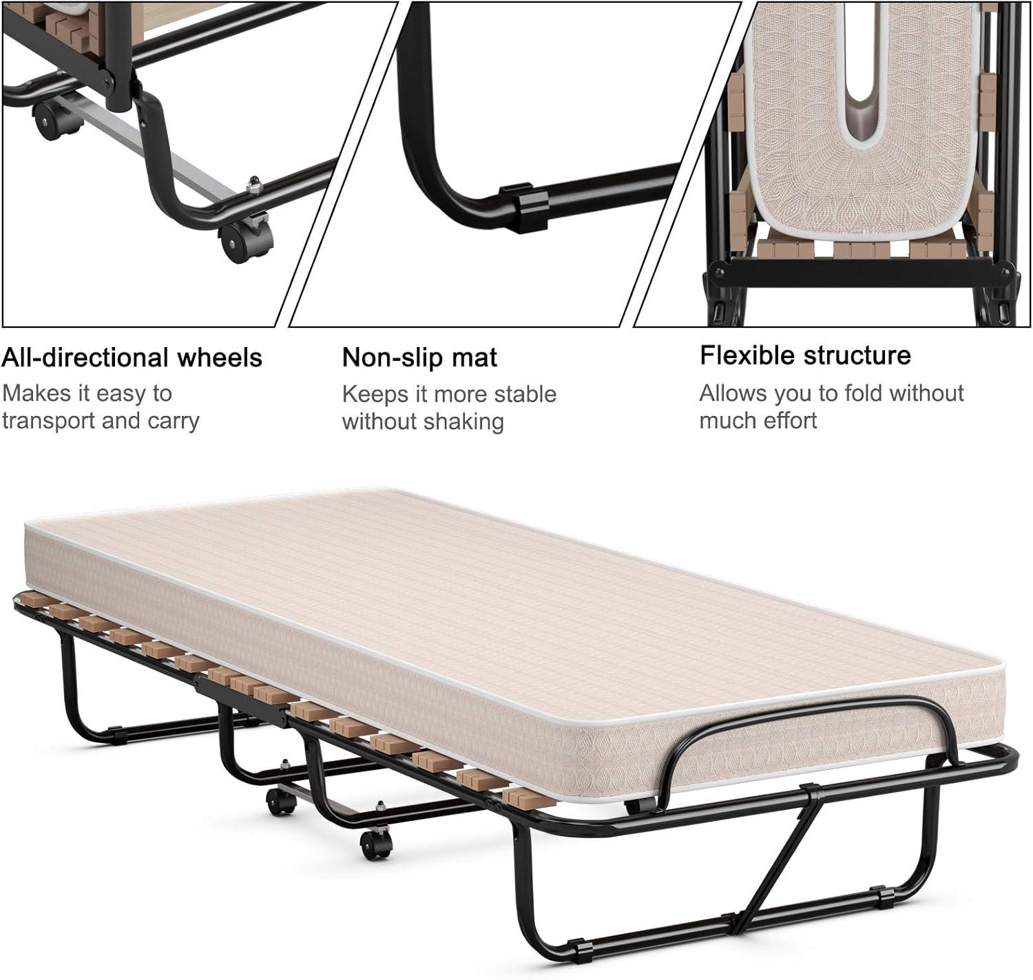 image:imageGiantex Folding Bed with Mattress Rollaway Guest Bed w 4 Inch Memory Foam Mattress Sturdy Metal Frame Portable Bed Cot Size Easy to Store Foldable Beds for Adults Made in ItalyBeige