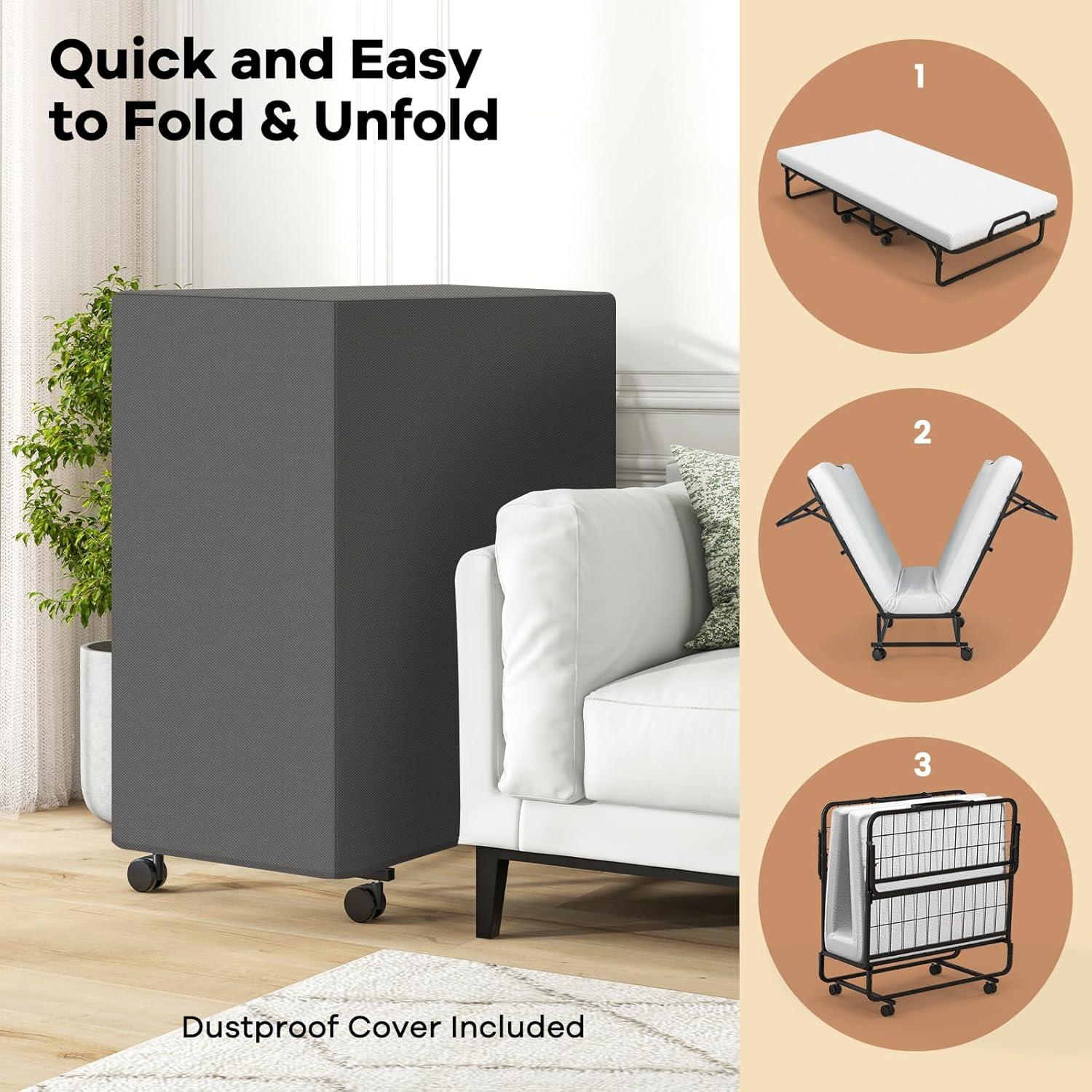 image:imageGiantex Folding Bed with Mattress and Top Pillow Twin Size Portable Guest Beds wMetal Frame Storage Pocket SpaceSaving Rollaway Foldable Bed with Memory Foam Mattress for Adults 75 x 39Twin