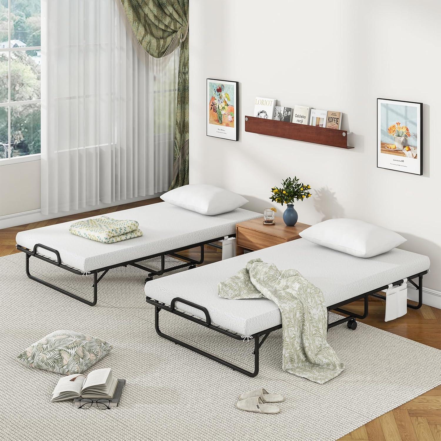 image:imageGiantex Folding Bed with Mattress and Top Pillow Twin Size Portable Guest Beds wMetal Frame Storage Pocket SpaceSaving Rollaway Foldable Bed with Memory Foam Mattress for Adults 75 x 39Twin