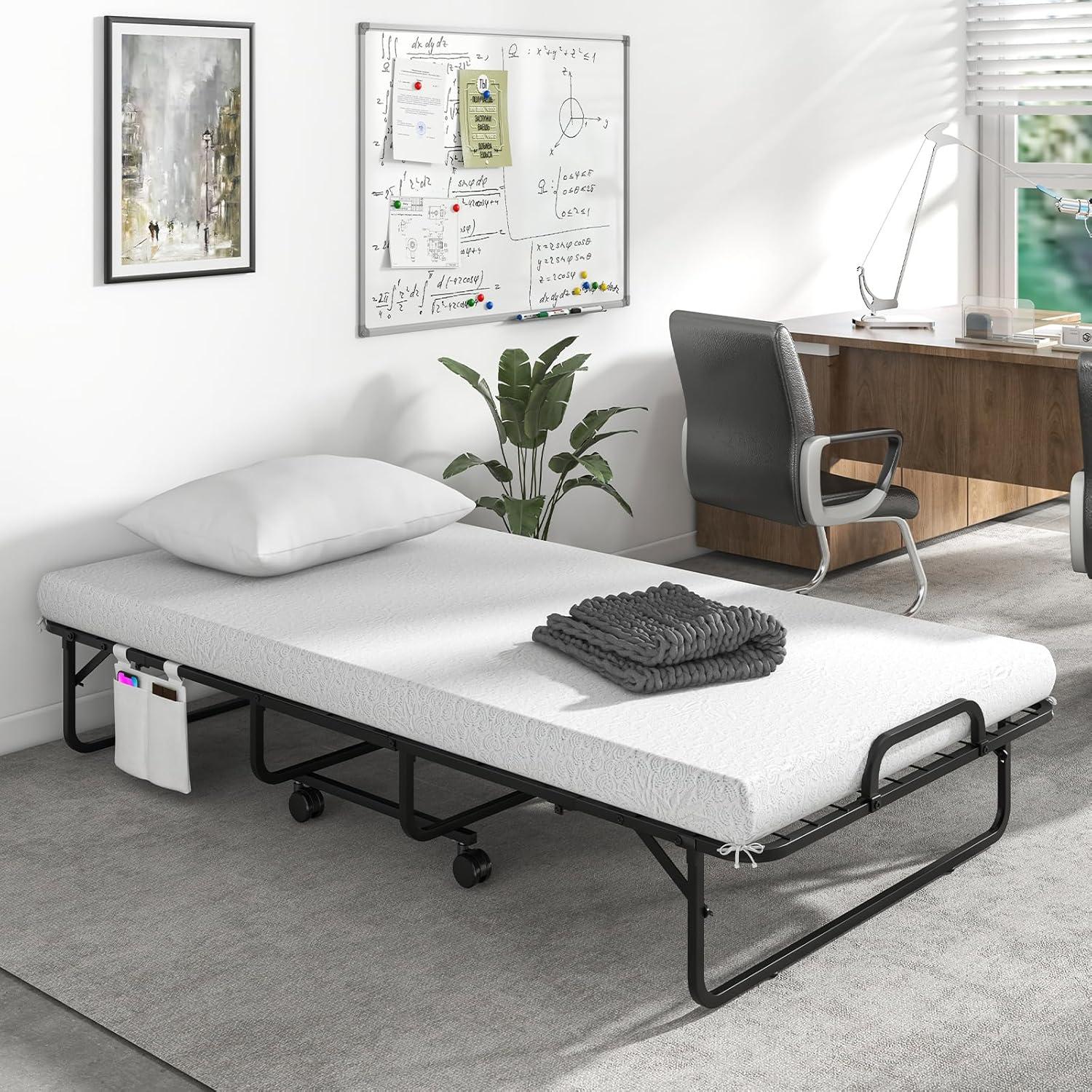 image:imageGiantex Folding Bed with Mattress and Top Pillow Twin Size Portable Guest Beds wMetal Frame Storage Pocket SpaceSaving Rollaway Foldable Bed with Memory Foam Mattress for Adults 75 x 39Twin