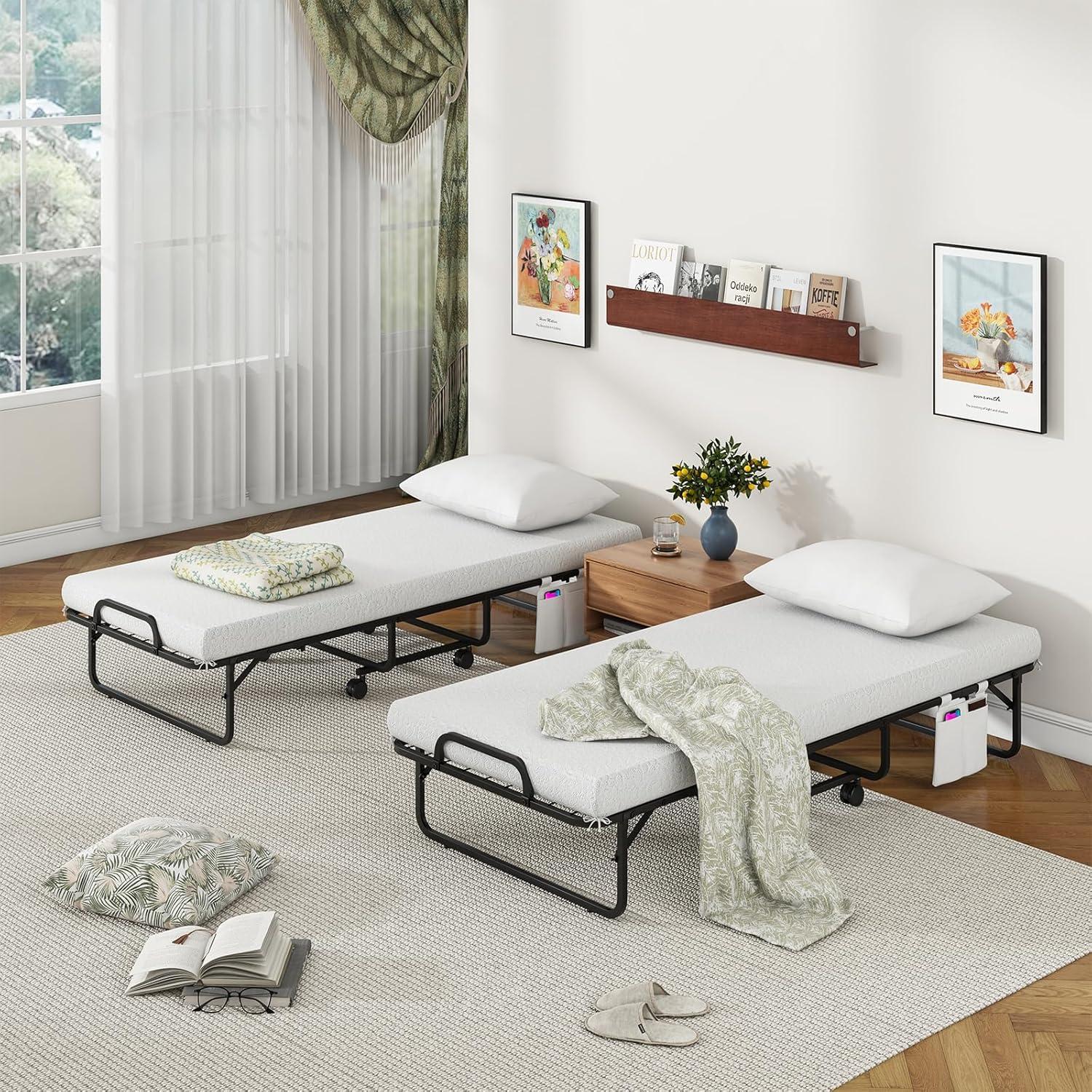 image:imageGiantex Folding Bed with Mattress and Top Pillow Twin Size Portable Guest Beds wMetal Frame Storage Pocket SpaceSaving Rollaway Foldable Bed with Memory Foam Mattress for Adults 75 x 39Small Single