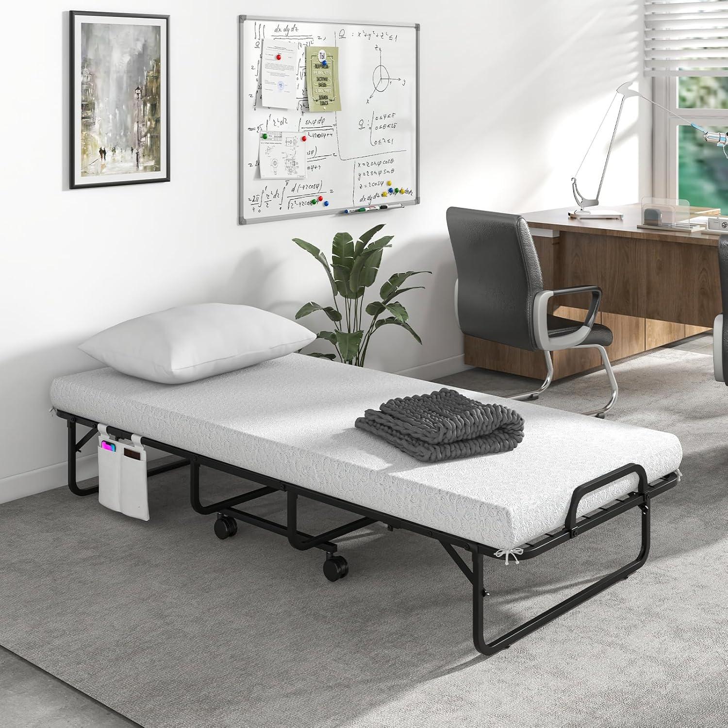 image:imageGiantex Folding Bed with Mattress and Top Pillow Twin Size Portable Guest Beds wMetal Frame Storage Pocket SpaceSaving Rollaway Foldable Bed with Memory Foam Mattress for Adults 75 x 39Small Single
