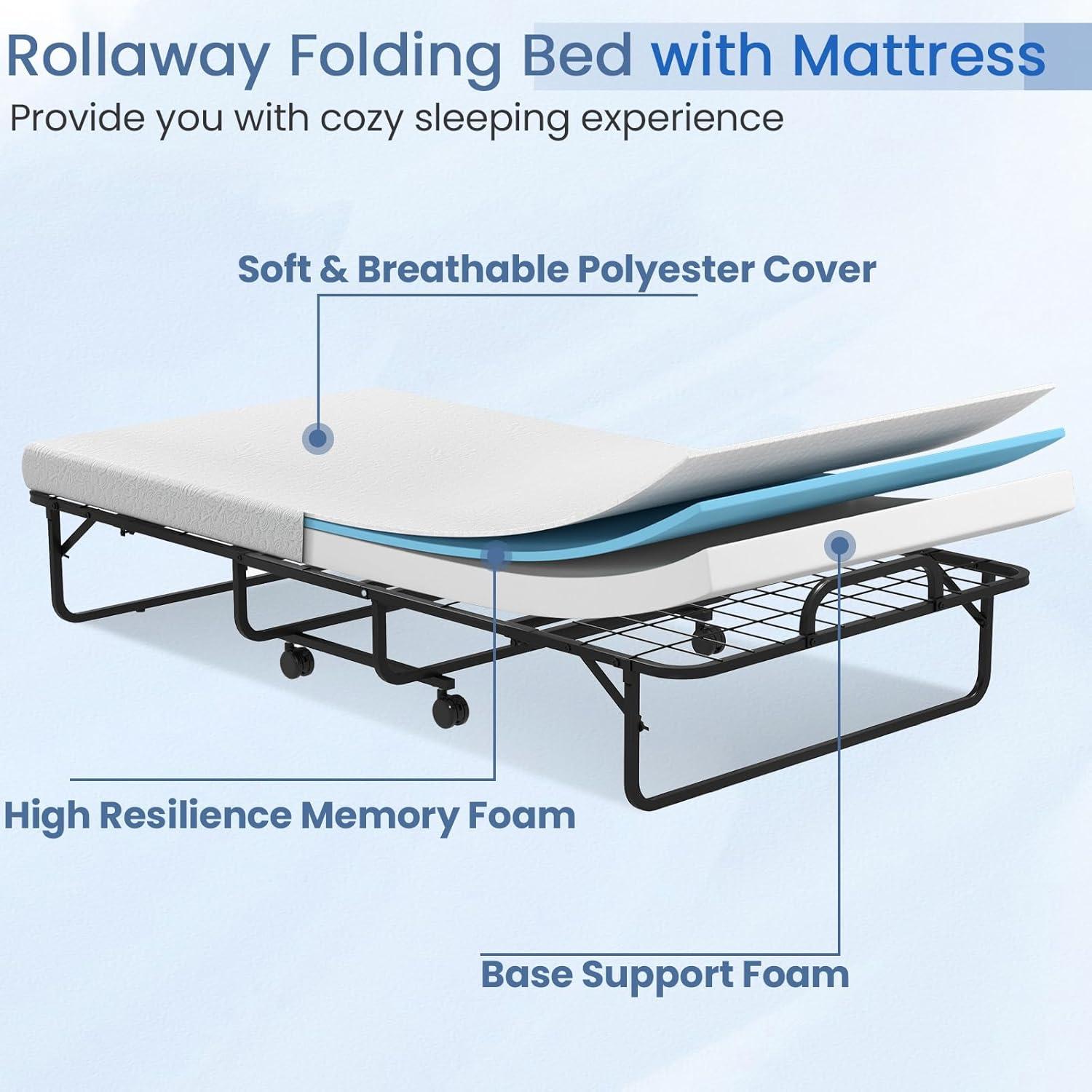image:imageGiantex Folding Bed with Mattress for Adults Twin Size Rollaway Beds for Guest Space Saving Portable Foldable Bed wMemory Foam Mattress amp Metal Frame for Easy Storage 75x 38Twin