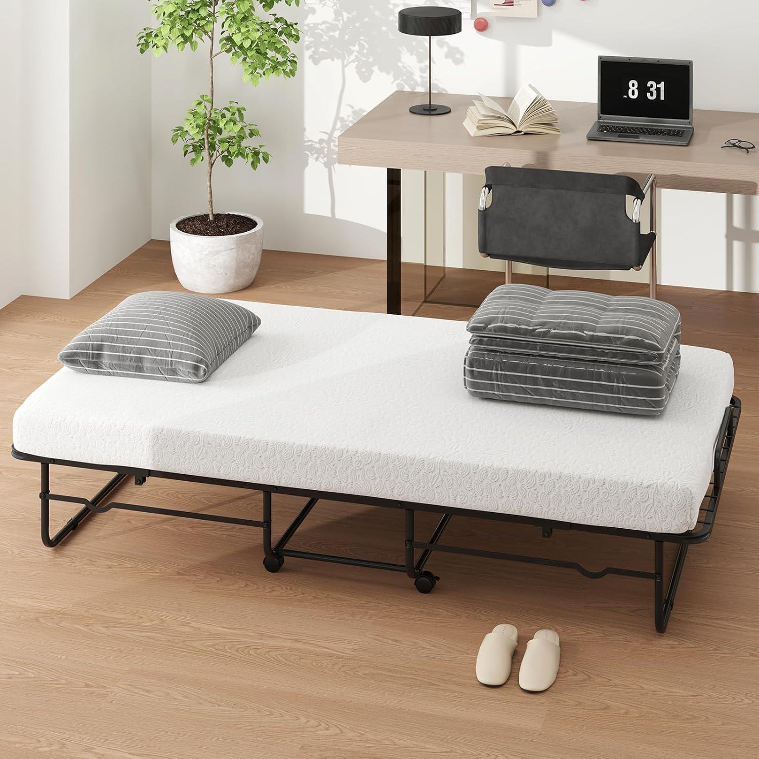 image:imageGiantex Folding Bed with Mattress for Adults Twin Size Rollaway Beds for Guest Space Saving Portable Foldable Bed wMemory Foam Mattress amp Metal Frame for Easy Storage 75x 38Twin