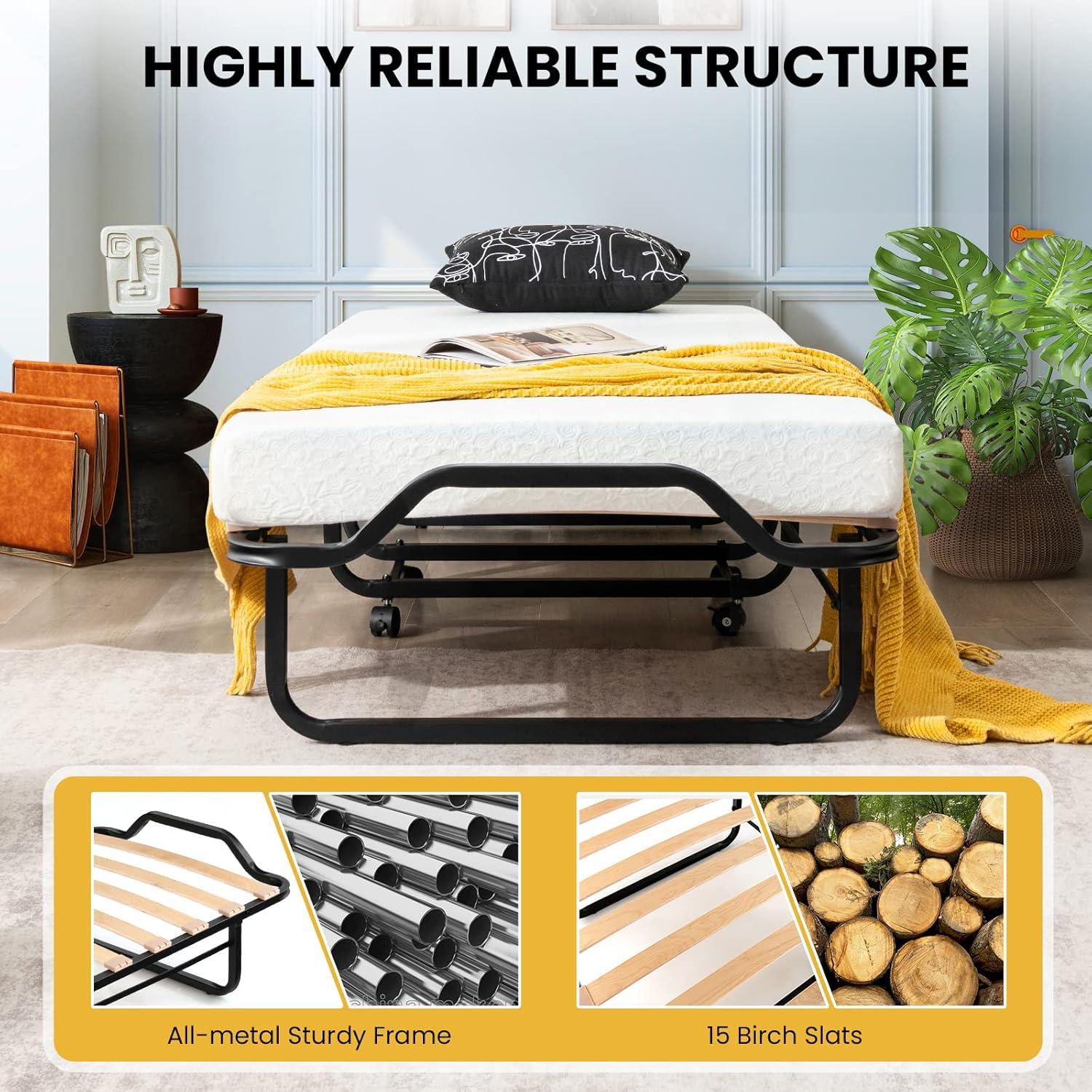 image:imageGiantex Folding Bed with Mattress for Adults Twin Size Rollaway Beds for Guest Space Saving Portable Foldable Bed wMemory Foam Mattress amp Metal Frame for Easy Storage 75x 38Small Single