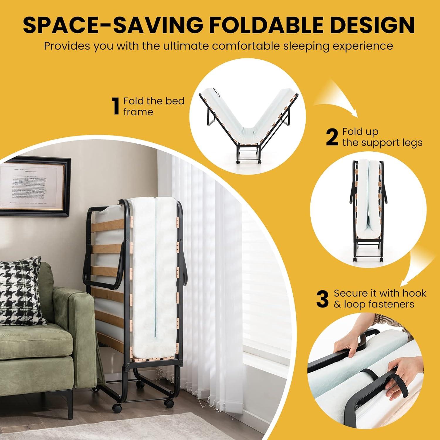 image:imageGiantex Folding Bed with Mattress for Adults Twin Size Rollaway Beds for Guest Space Saving Portable Foldable Bed wMemory Foam Mattress amp Metal Frame for Easy Storage 75x 38Small Single