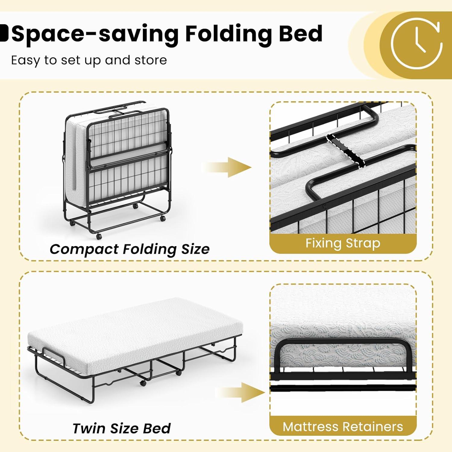 image:imageGiantex Folding Bed with Mattress for Adults Twin Size Rollaway Beds for Guest Space Saving Portable Foldable Bed wMemory Foam Mattress amp Metal Frame for Easy Storage 75x 38Twin