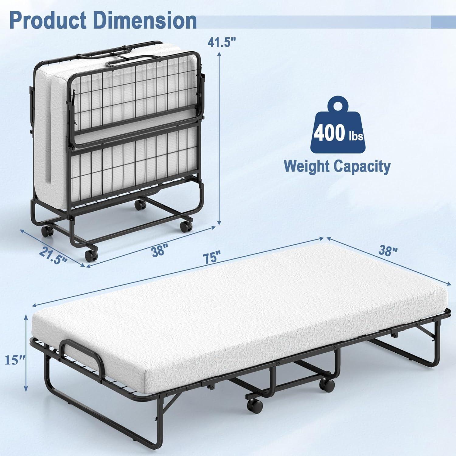 image:imageGiantex Folding Bed with Mattress for Adults Twin Size Rollaway Beds for Guest Space Saving Portable Foldable Bed wMemory Foam Mattress amp Metal Frame for Easy Storage 75x 38Twin