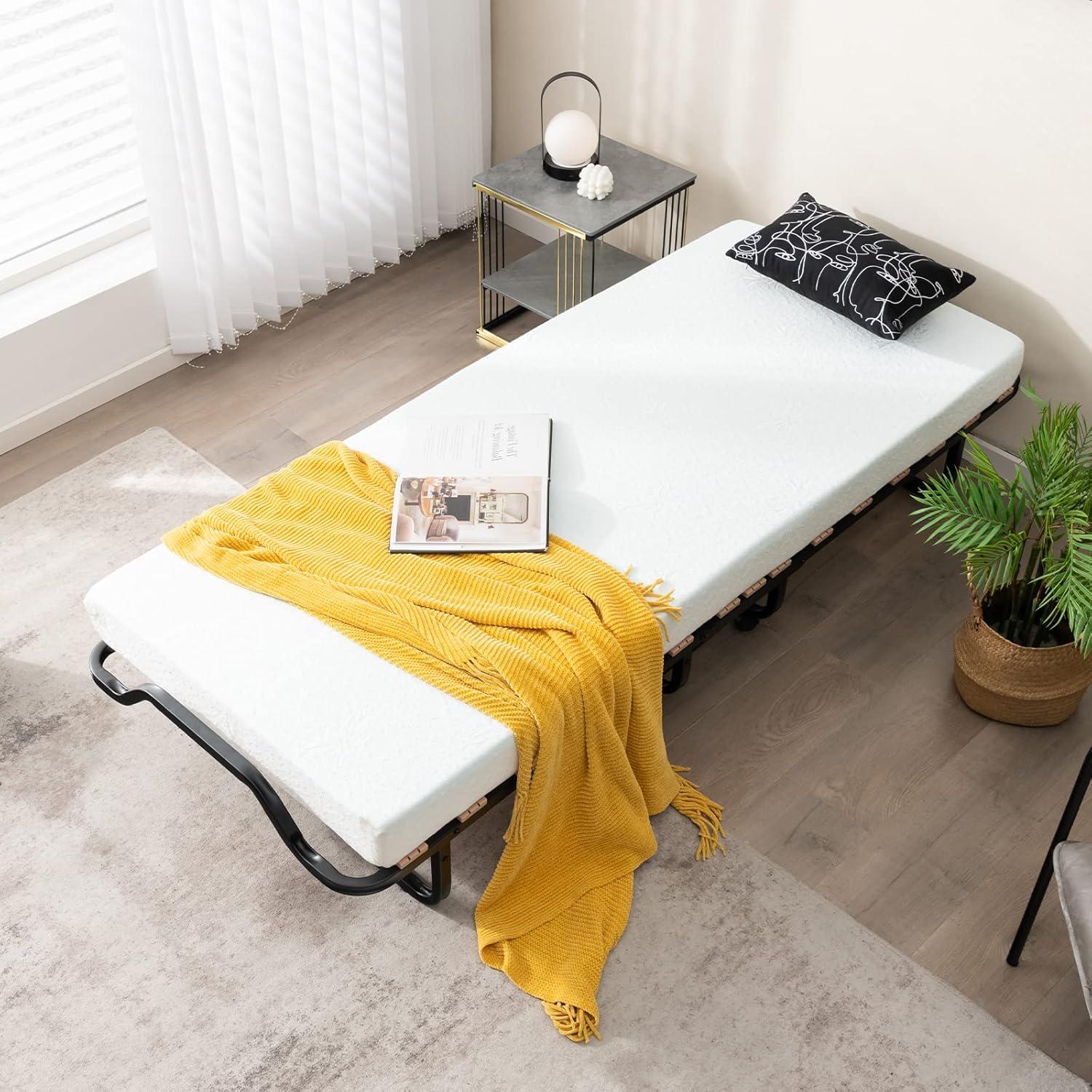 image:imageGiantex Folding Bed with Mattress for Adults Twin Size Rollaway Beds for Guest Space Saving Portable Foldable Bed wMemory Foam Mattress amp Metal Frame for Easy Storage 75x 38Small Single