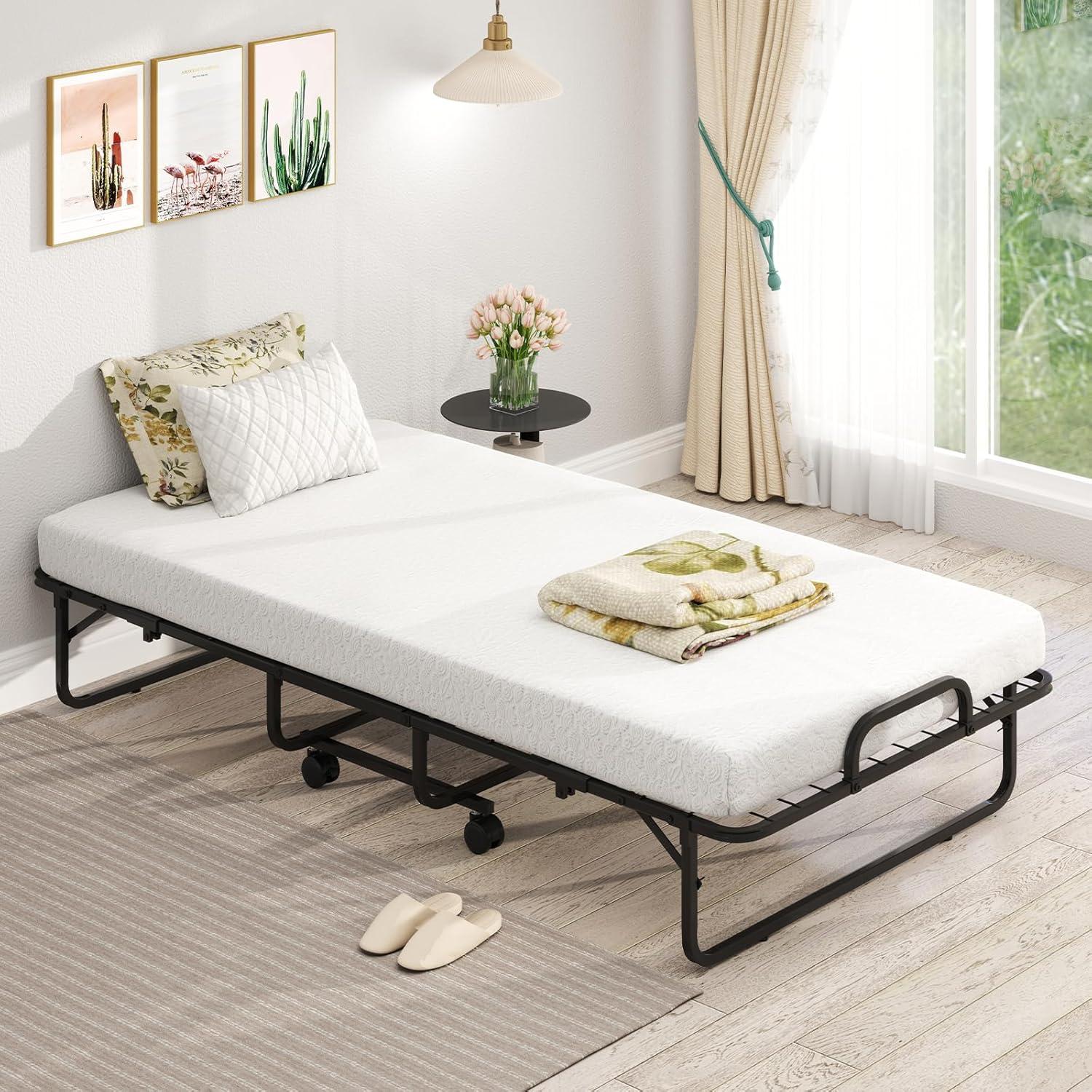 image:imageGiantex Folding Bed with Mattress for Adults Twin Size Rollaway Beds for Guest Space Saving Portable Foldable Bed wMemory Foam Mattress amp Metal Frame for Easy Storage 75x 38Twin