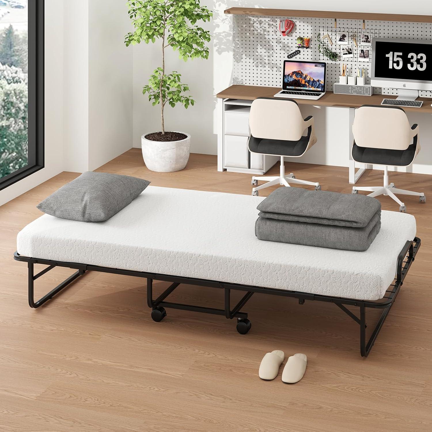 image:imageGiantex Folding Bed with Mattress for Adults Twin Size Rollaway Beds for Guest Space Saving Portable Foldable Bed wMemory Foam Mattress amp Metal Frame for Easy Storage 75x 38Twin
