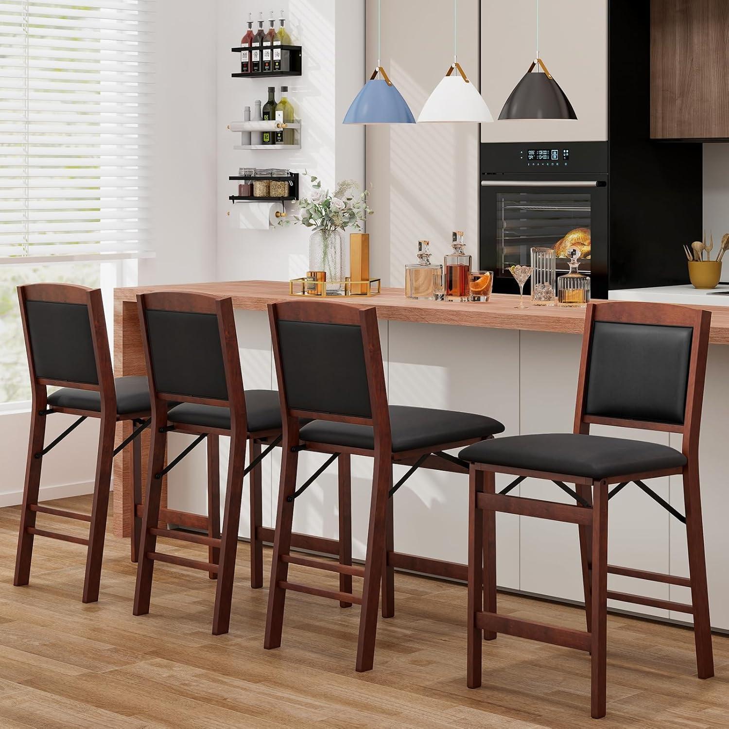 image:imageGiantex Folding Counter Height Bar Stools Set of 2 245 Farmhouse Barstools wPadded Back amp Seat Footrest Rubber Wood Legs No Assembly Needed Upholstered Bar Dining Chairs for Kitchen Island