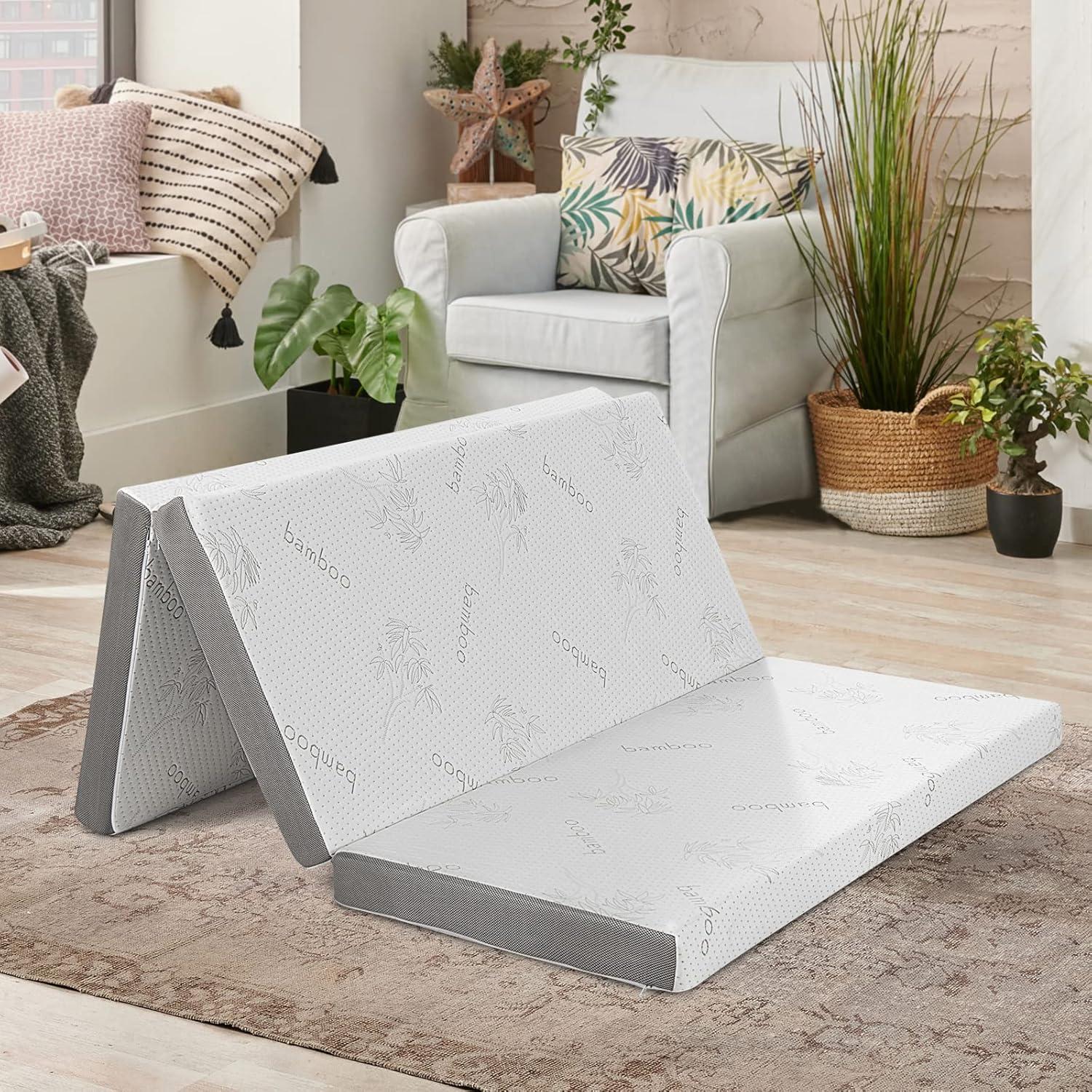 image:imageGiantex Folding Mattress 4 Inch GelInfused Trifold Mattresses with Bamboo Cover amp Carry Bag CertiPURUS Certified Foldable Cooling Mattress Topper for Guest Room Dorm RV Camp Floor Twin XLBrown