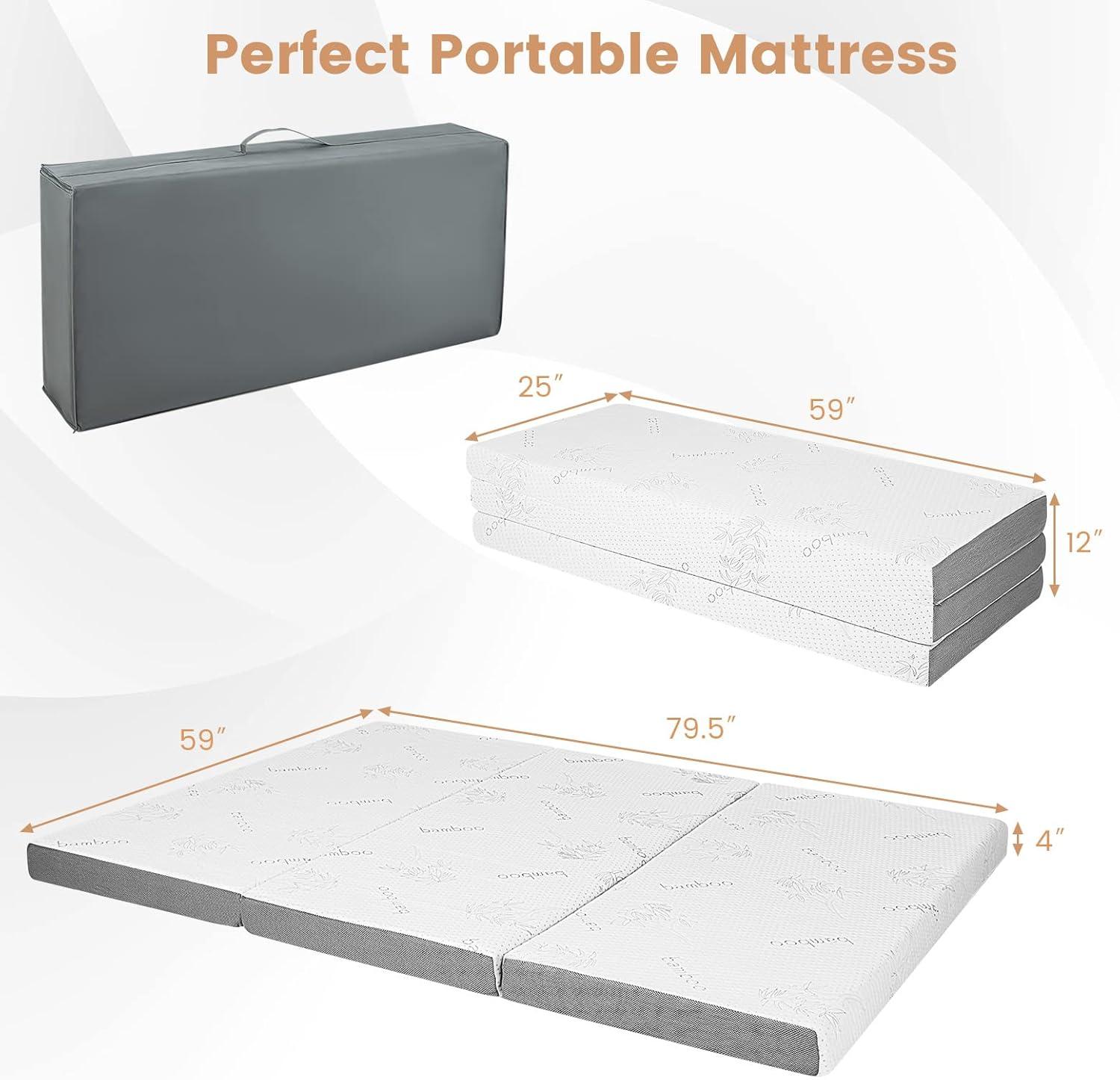 image:imageGiantex Folding Mattress 4 Inch GelInfused Trifold Mattresses with Bamboo Cover amp Carry Bag CertiPURUS Certified Foldable Cooling Mattress Topper for Guest Room Dorm RV Camp Floor Twin XLBrown