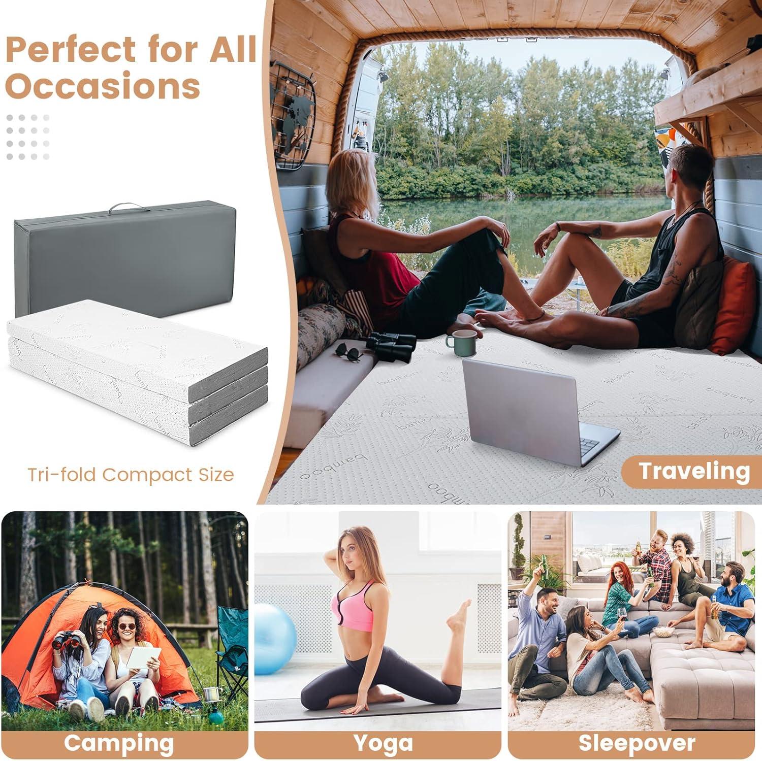 image:imageGiantex Folding Mattress 4 Inch GelInfused Trifold Mattresses with Bamboo Cover amp Carry Bag CertiPURUS Certified Foldable Cooling Mattress Topper for Guest Room Dorm RV Camp Floor Twin XLBrown