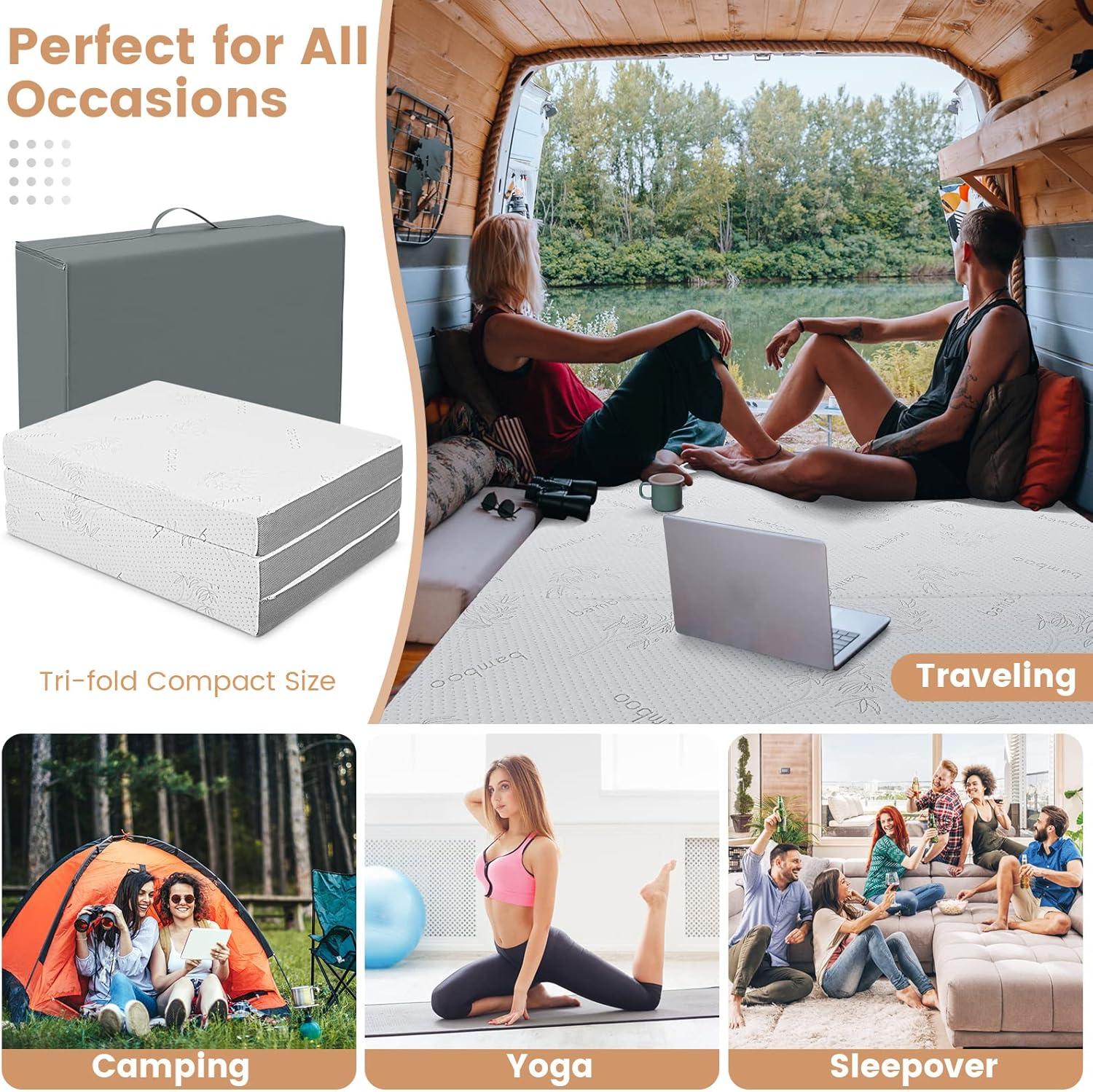 image:imageGiantex Folding Mattress 4 Inch GelInfused Trifold Mattresses with Bamboo Cover amp Carry Bag CertiPURUS Certified Foldable Cooling Mattress Topper for Guest Room Dorm RV Camp Floor Twin XLBrown