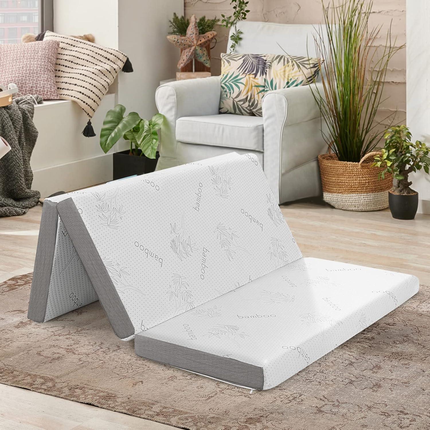 image:imageGiantex Folding Mattress 4 Inch GelInfused Trifold Mattresses with Bamboo Cover amp Carry Bag CertiPURUS Certified Foldable Cooling Mattress Topper for Guest Room Dorm RV Camp Floor Twin XLBrown