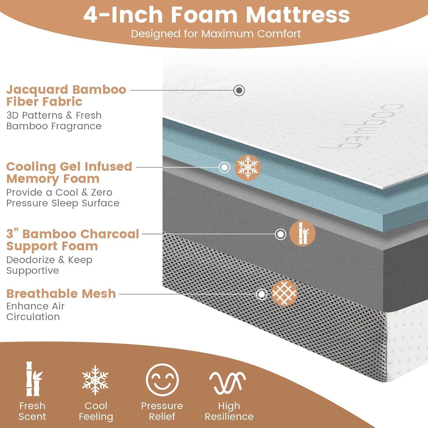 image:imageGiantex Folding Mattress 4 Inch GelInfused Trifold Mattresses with Bamboo Cover amp Carry Bag CertiPURUS Certified Foldable Cooling Mattress Topper for Guest Room Dorm RV Camp Floor Twin XLBrown