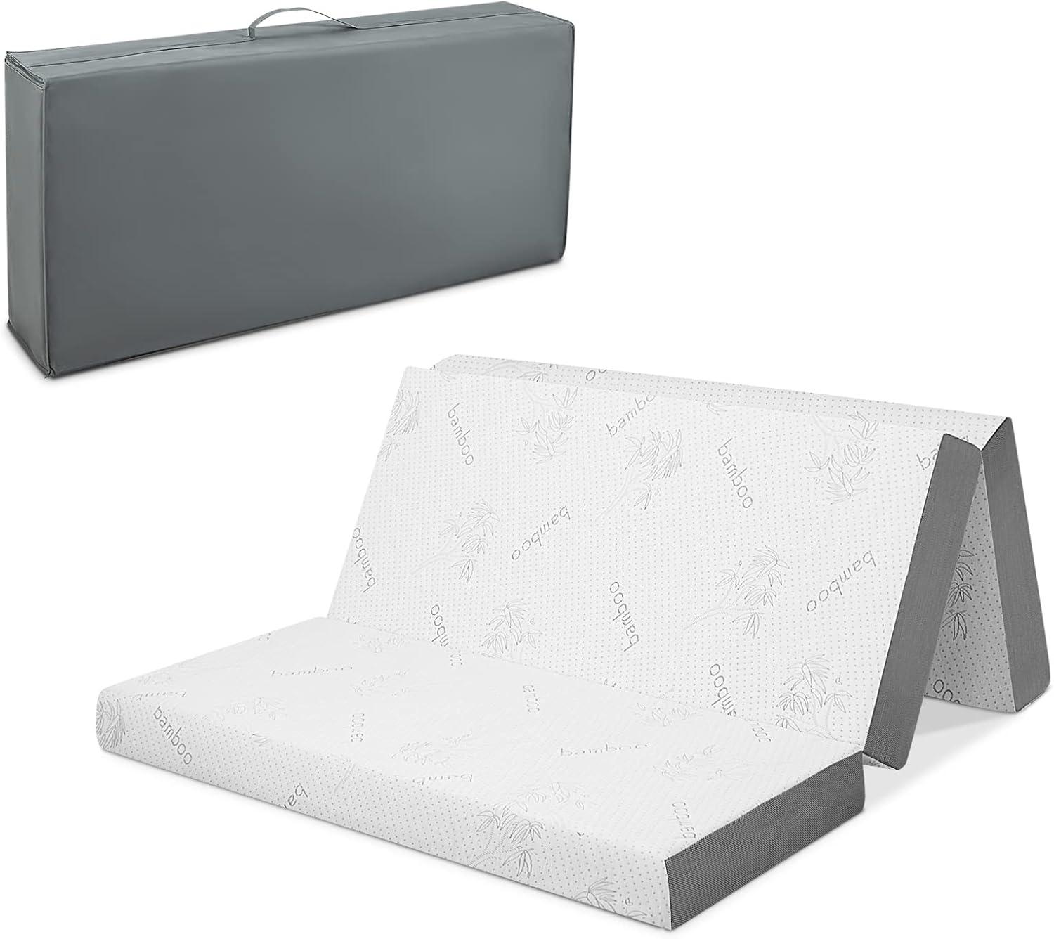 image:imageGiantex Folding Mattress 4 Inch GelInfused Trifold Mattresses with Bamboo Cover amp Carry Bag CertiPURUS Certified Foldable Cooling Mattress Topper for Guest Room Dorm RV Camp Floor Twin XLBrown