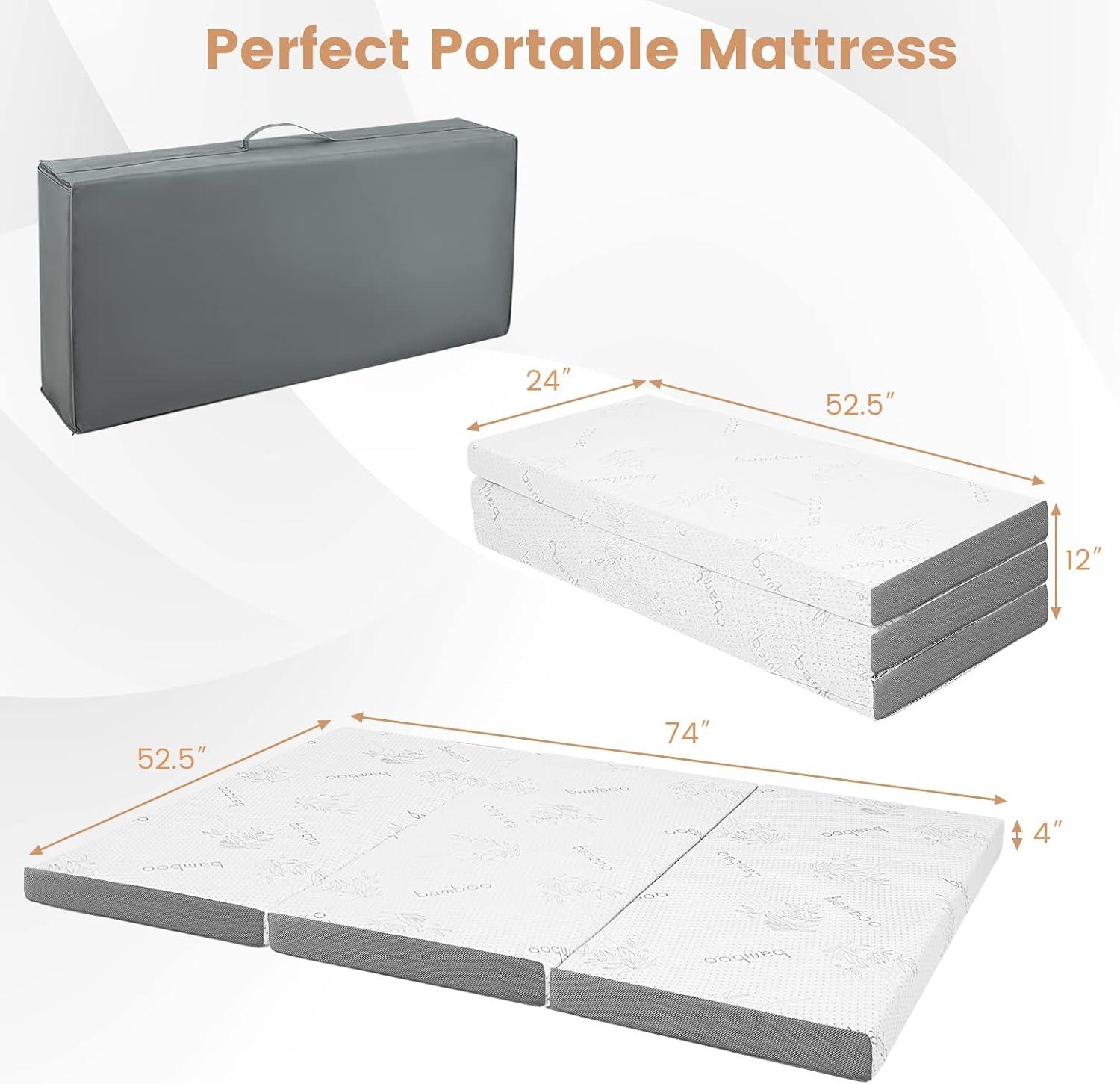 image:imageGiantex Folding Mattress 4 Inch GelInfused Trifold Mattresses with Bamboo Cover amp Carry Bag CertiPURUS Certified Foldable Cooling Mattress Topper for Guest Room Dorm RV Camp Floor Twin XLBrown