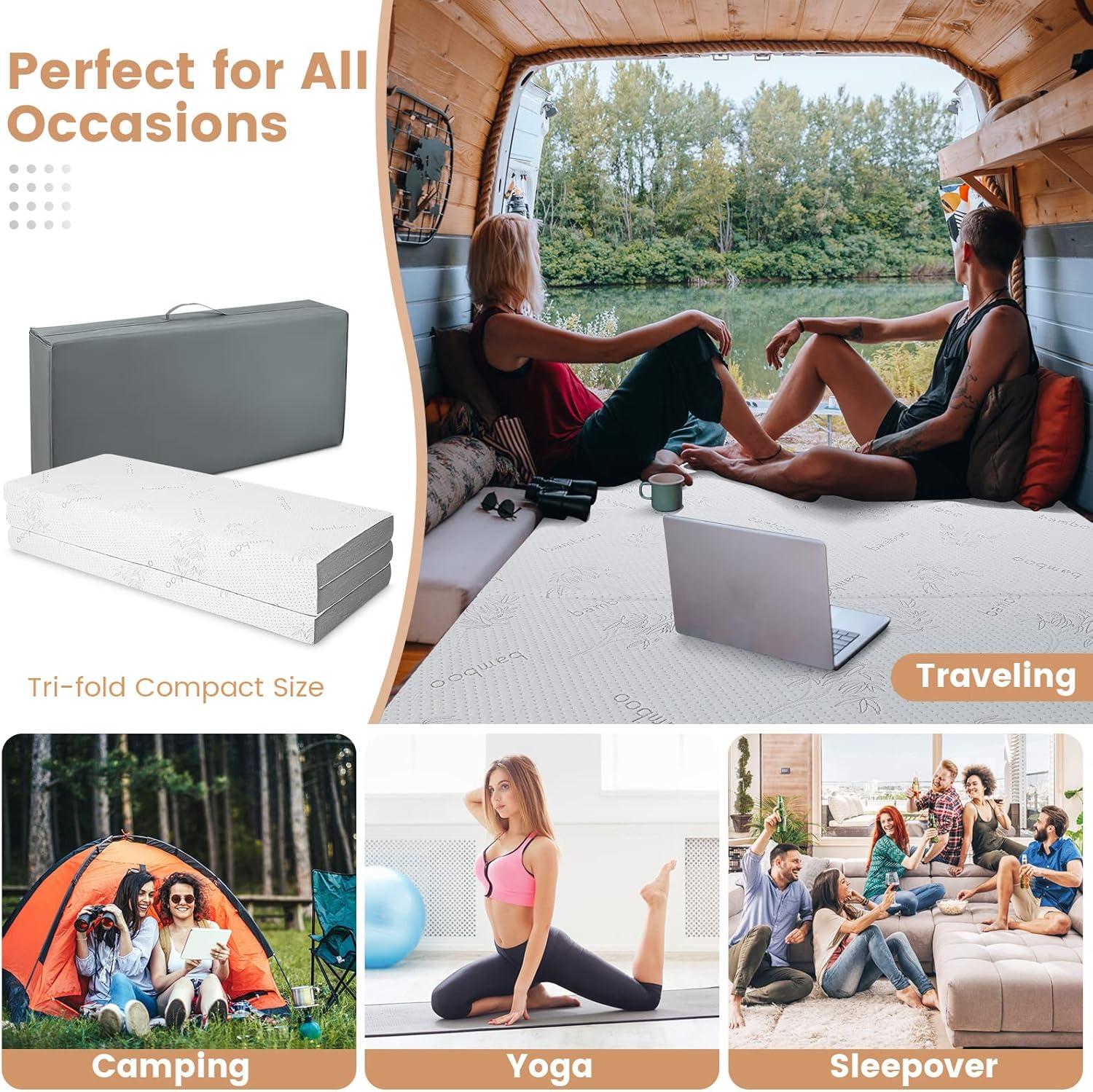 image:imageGiantex Folding Mattress 4 Inch GelInfused Trifold Mattresses with Bamboo Cover amp Carry Bag CertiPURUS Certified Foldable Cooling Mattress Topper for Guest Room Dorm RV Camp Floor Twin XLBrown