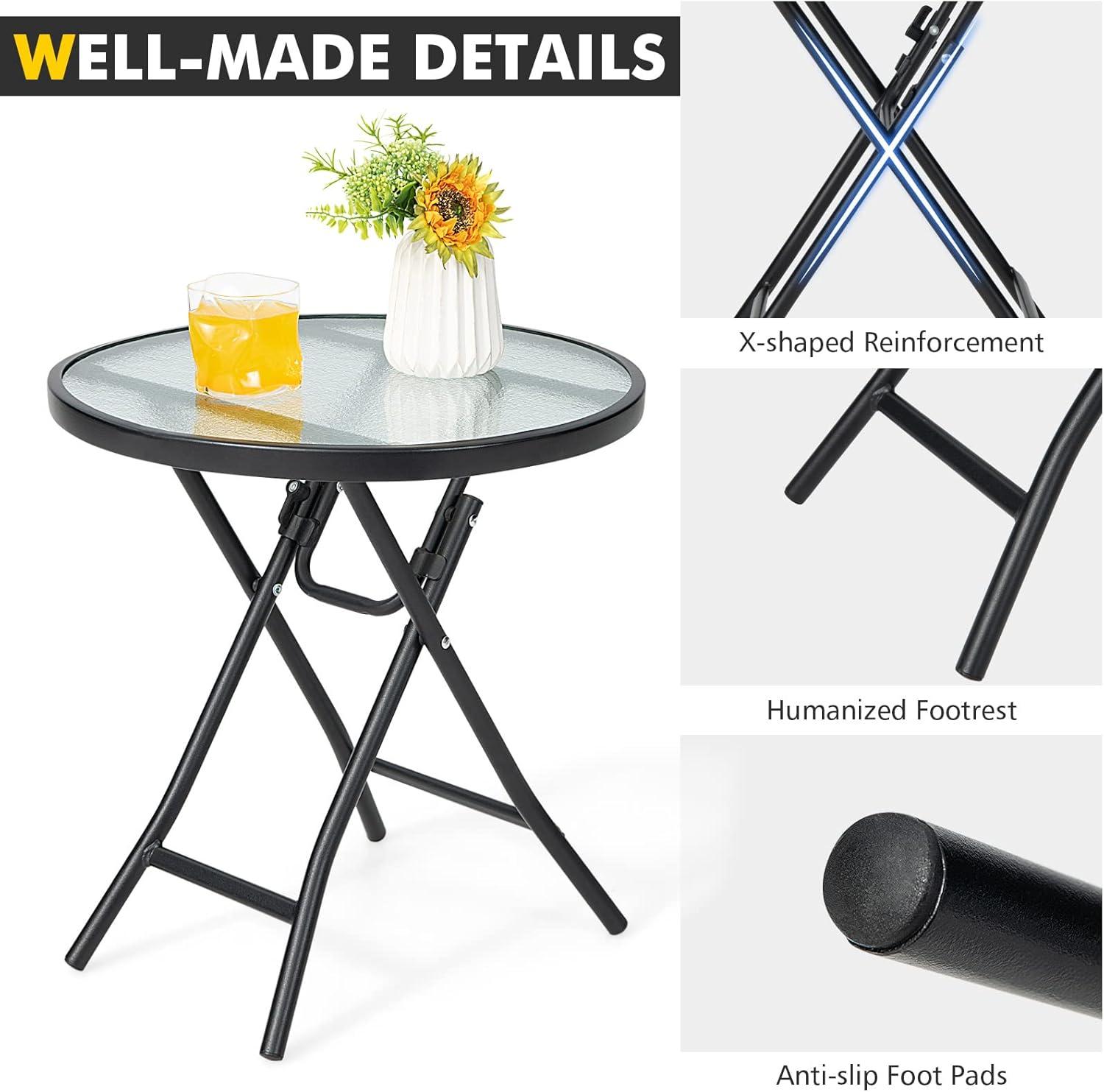 image:imageGiantex Folding Side Table Round Small Patio Table Tempered Glass Tabletop Steel Frame WeatherResistant Outdoor Indoor Use for Bistro Porch Garden Balcony Classic Round 18x18x185Classic Round