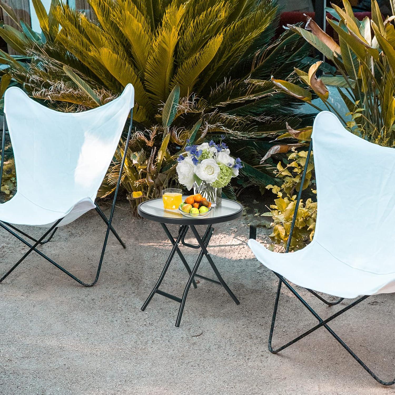 image:imageGiantex Folding Side Table Round Small Patio Table Tempered Glass Tabletop Steel Frame WeatherResistant Outdoor Indoor Use for Bistro Porch Garden Balcony Classic Round 18x18x185Classic Round