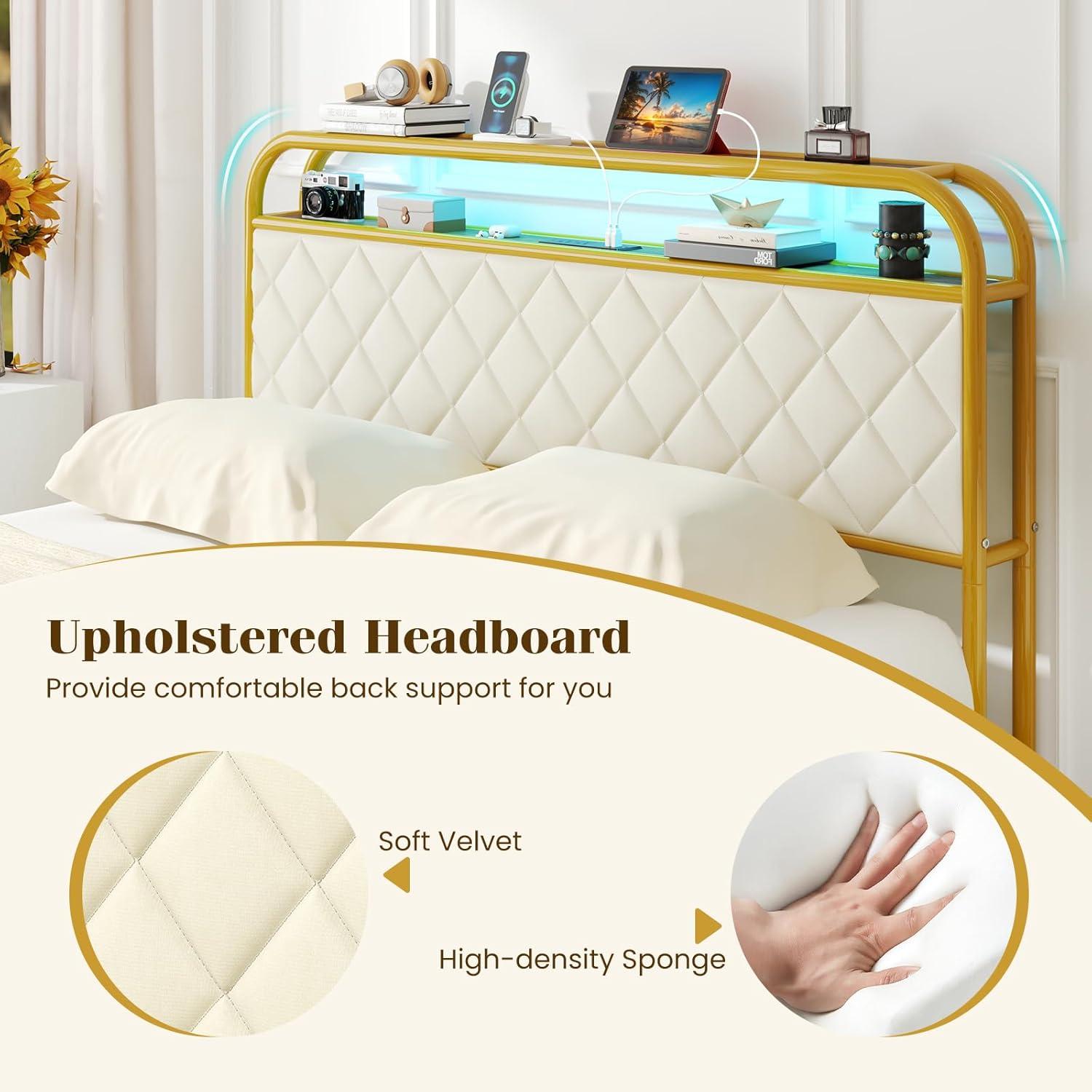 image:imageGiantex Full Size Bed Frame with 4 Storage Drawers and Charging Station Metal Full Platform Bed wLED Lights amp Linen Upholstered Headboard No Box Spring Needed Full Storage Bed Gold amp BeigeGold Beige
