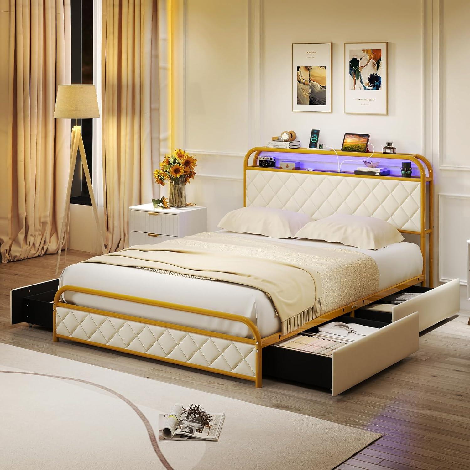 image:imageGiantex Full Size Bed Frame with 4 Storage Drawers and Charging Station Metal Full Platform Bed wLED Lights amp Linen Upholstered Headboard No Box Spring Needed Full Storage Bed Gold amp BeigeGold Beige