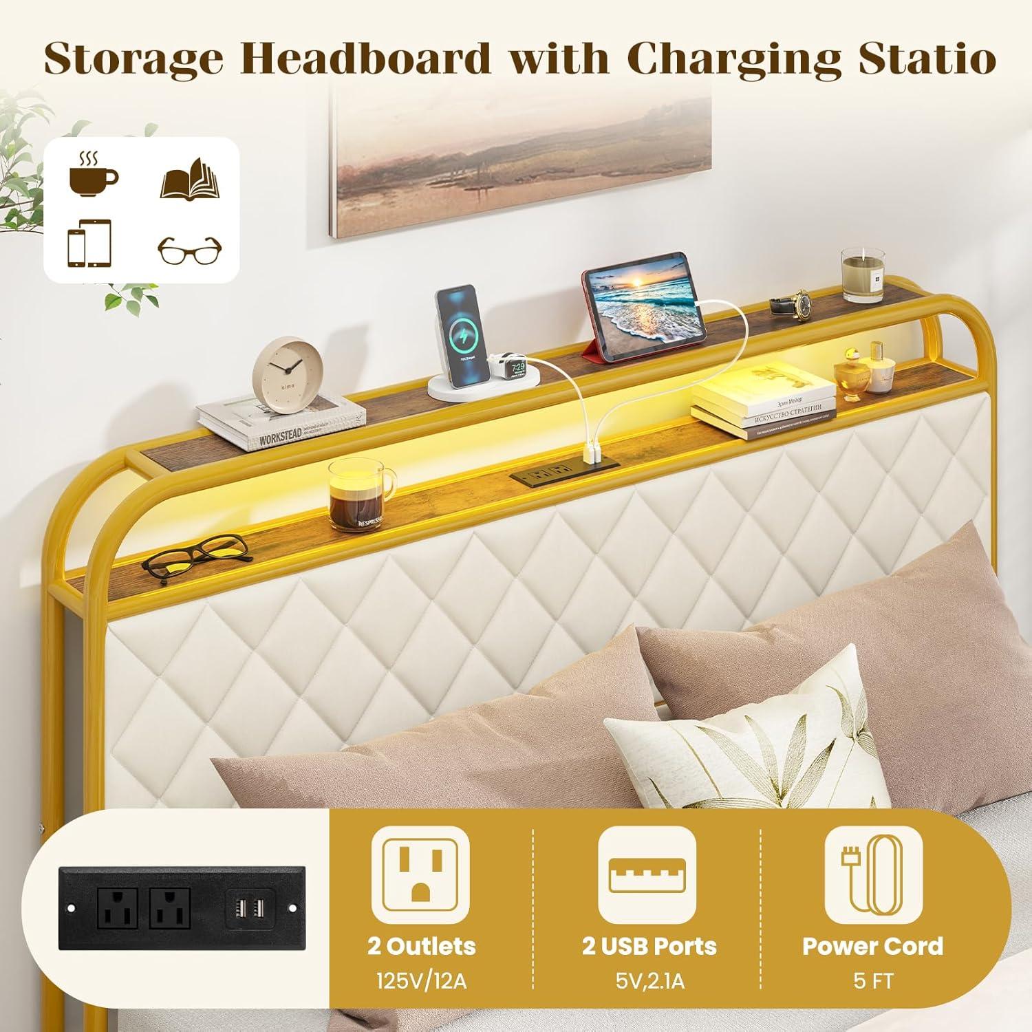 image:imageGiantex Full Size Bed Frame with 4 Storage Drawers and Charging Station Metal Full Platform Bed wLED Lights amp Linen Upholstered Headboard No Box Spring Needed Full Storage Bed Gold amp BeigeGold Beige