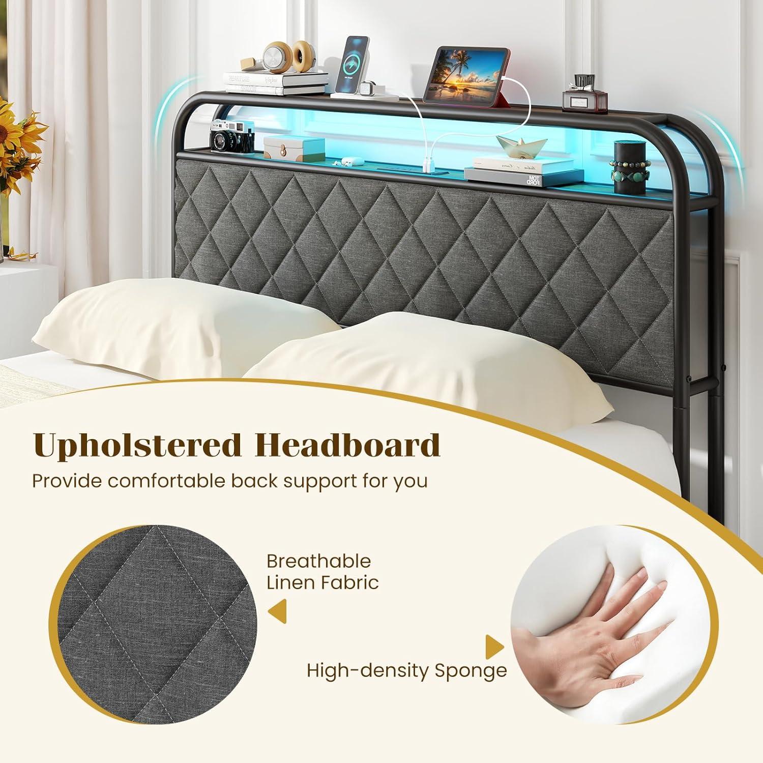 image:imageGiantex Full Size Bed Frame with 4 Storage Drawers and Charging Station Metal Full Platform Bed wLED Lights amp Linen Upholstered Headboard No Box Spring Needed Full Storage Bed Gold amp BeigeBlack Grey