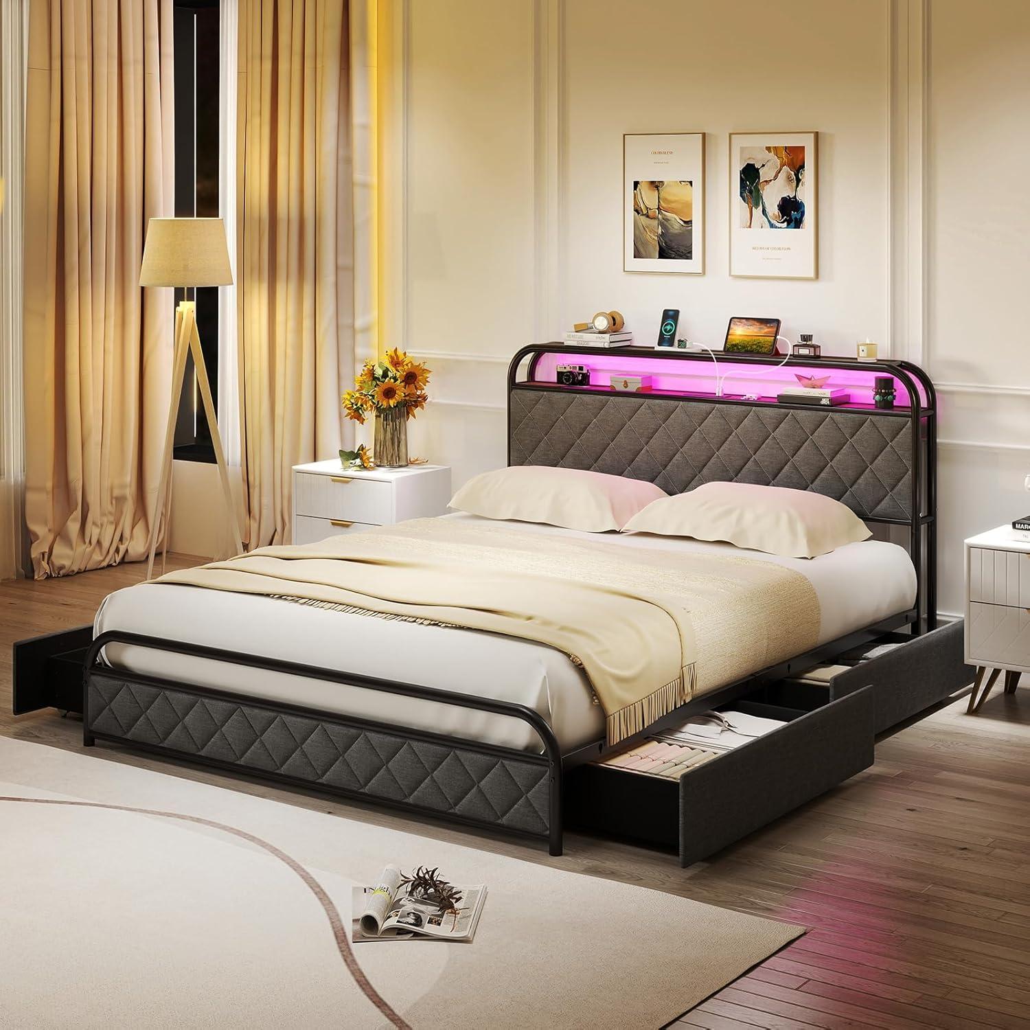 image:imageGiantex Full Size Bed Frame with 4 Storage Drawers and Charging Station Metal Full Platform Bed wLED Lights amp Linen Upholstered Headboard No Box Spring Needed Full Storage Bed Gold amp BeigeBlack Grey