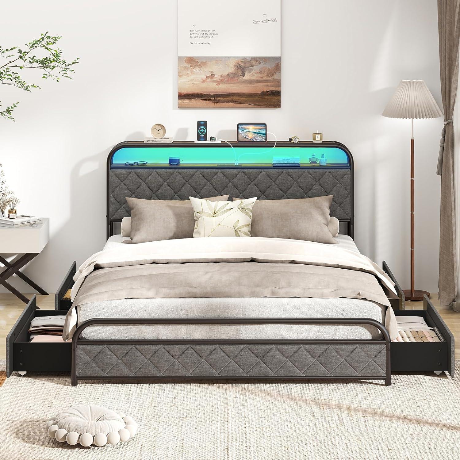 image:imageGiantex Full Size Bed Frame with 4 Storage Drawers and Charging Station Metal Full Platform Bed wLED Lights amp Linen Upholstered Headboard No Box Spring Needed Full Storage Bed Gold amp BeigeBlack Grey