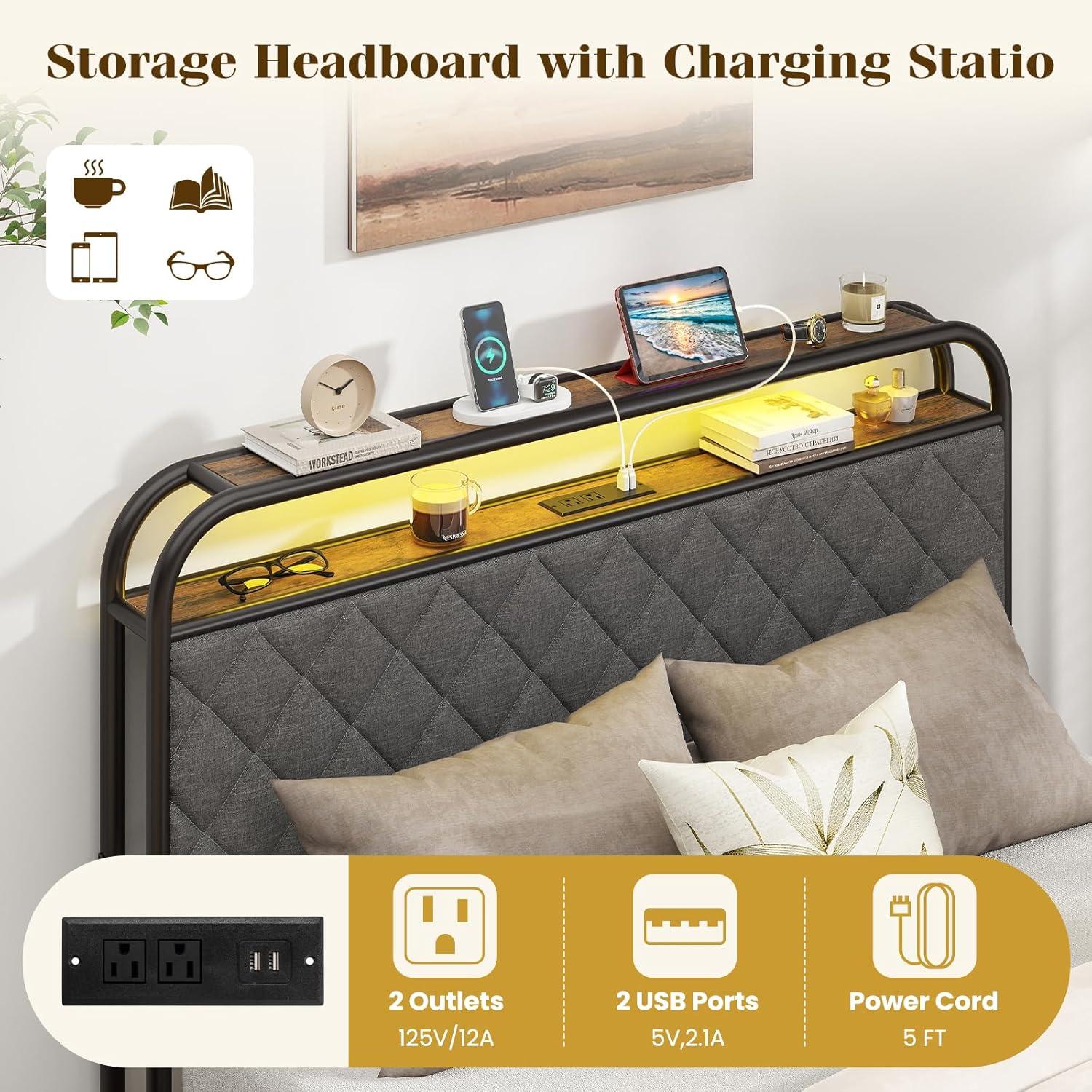 image:imageGiantex Full Size Bed Frame with 4 Storage Drawers and Charging Station Metal Full Platform Bed wLED Lights amp Linen Upholstered Headboard No Box Spring Needed Full Storage Bed Gold amp BeigeBlack Grey
