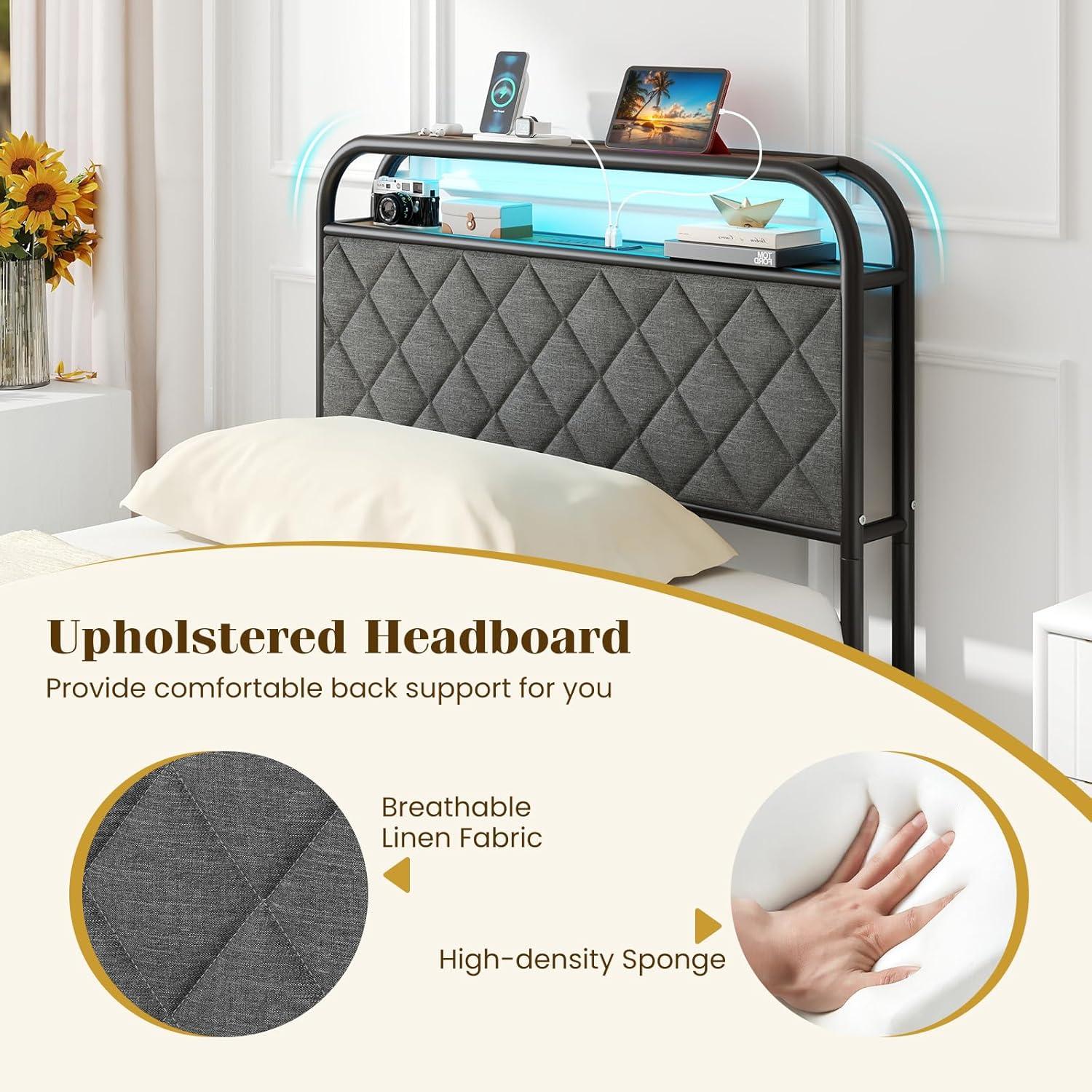 image:imageGiantex Full Size Bed Frame with 4 Storage Drawers and Charging Station Metal Full Platform Bed wLED Lights amp Linen Upholstered Headboard No Box Spring Needed Full Storage Bed Gold amp BeigeBlack Grey