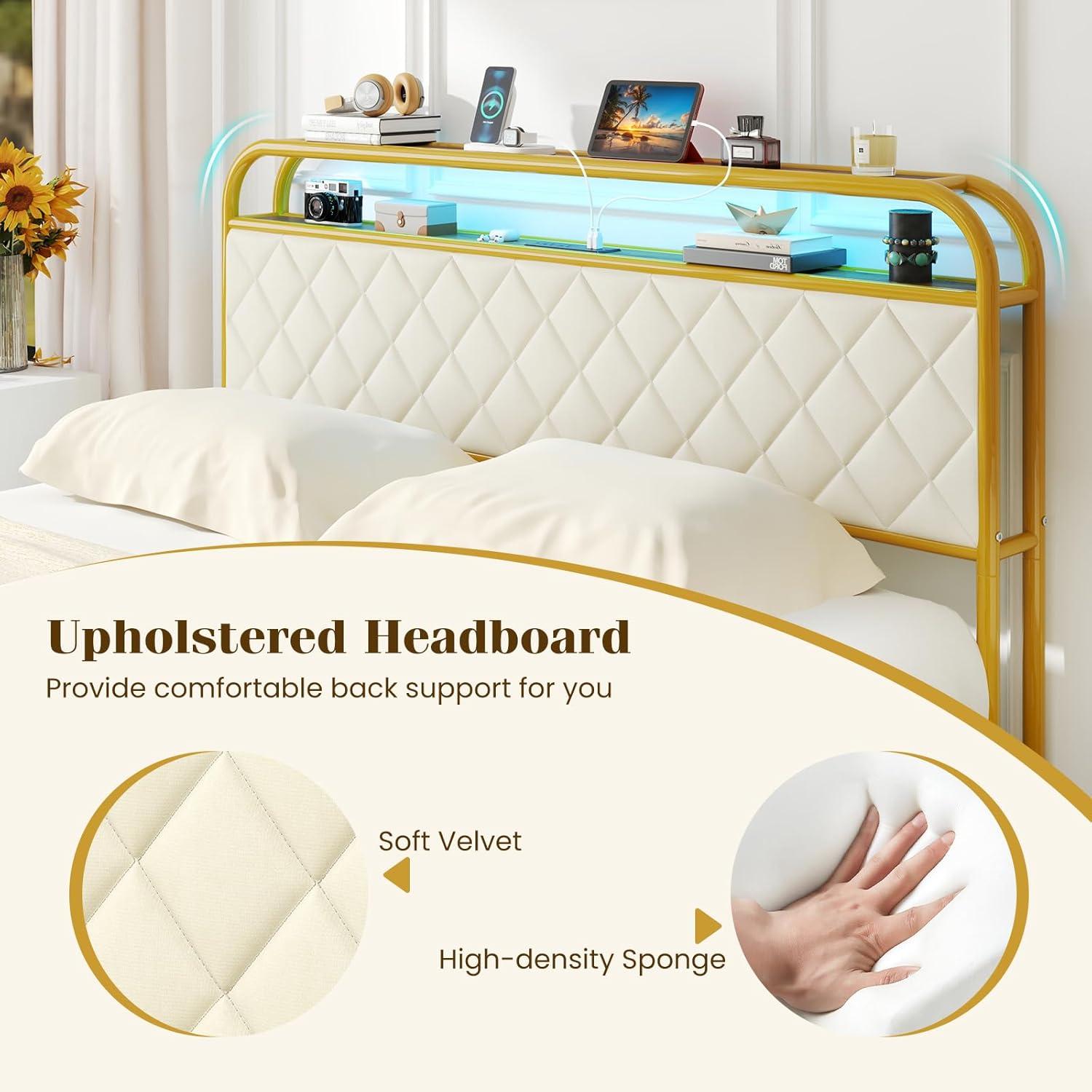 image:imageGiantex Full Size Bed Frame with 4 Storage Drawers and Charging Station Metal Full Platform Bed wLED Lights amp Linen Upholstered Headboard No Box Spring Needed Full Storage Bed Gold amp BeigeGold Beige