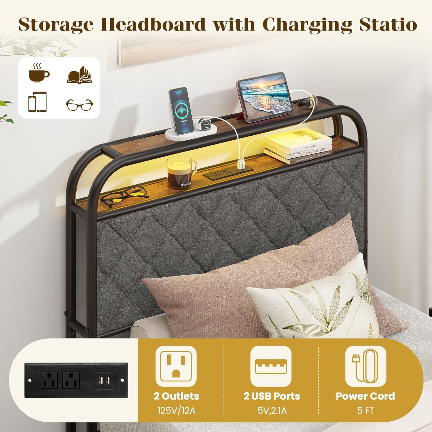 image:imageGiantex Full Size Bed Frame with 4 Storage Drawers and Charging Station Metal Full Platform Bed wLED Lights amp Linen Upholstered Headboard No Box Spring Needed Full Storage Bed Gold amp BeigeBlack Grey