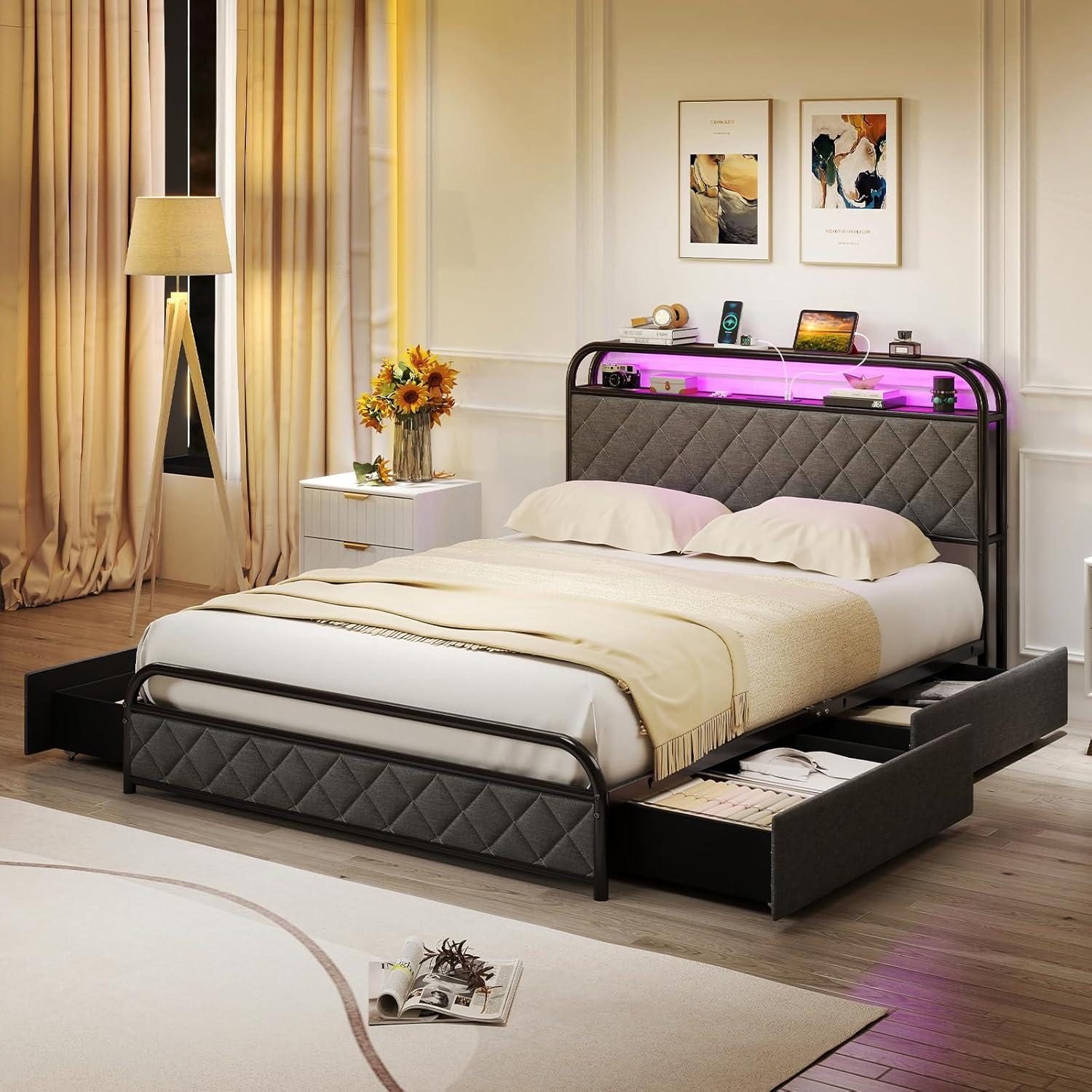 image:imageGiantex Full Size Bed Frame with 4 Storage Drawers and Charging Station Metal Full Platform Bed wLED Lights amp Linen Upholstered Headboard No Box Spring Needed Full Storage Bed Gold amp BeigeBlack Grey