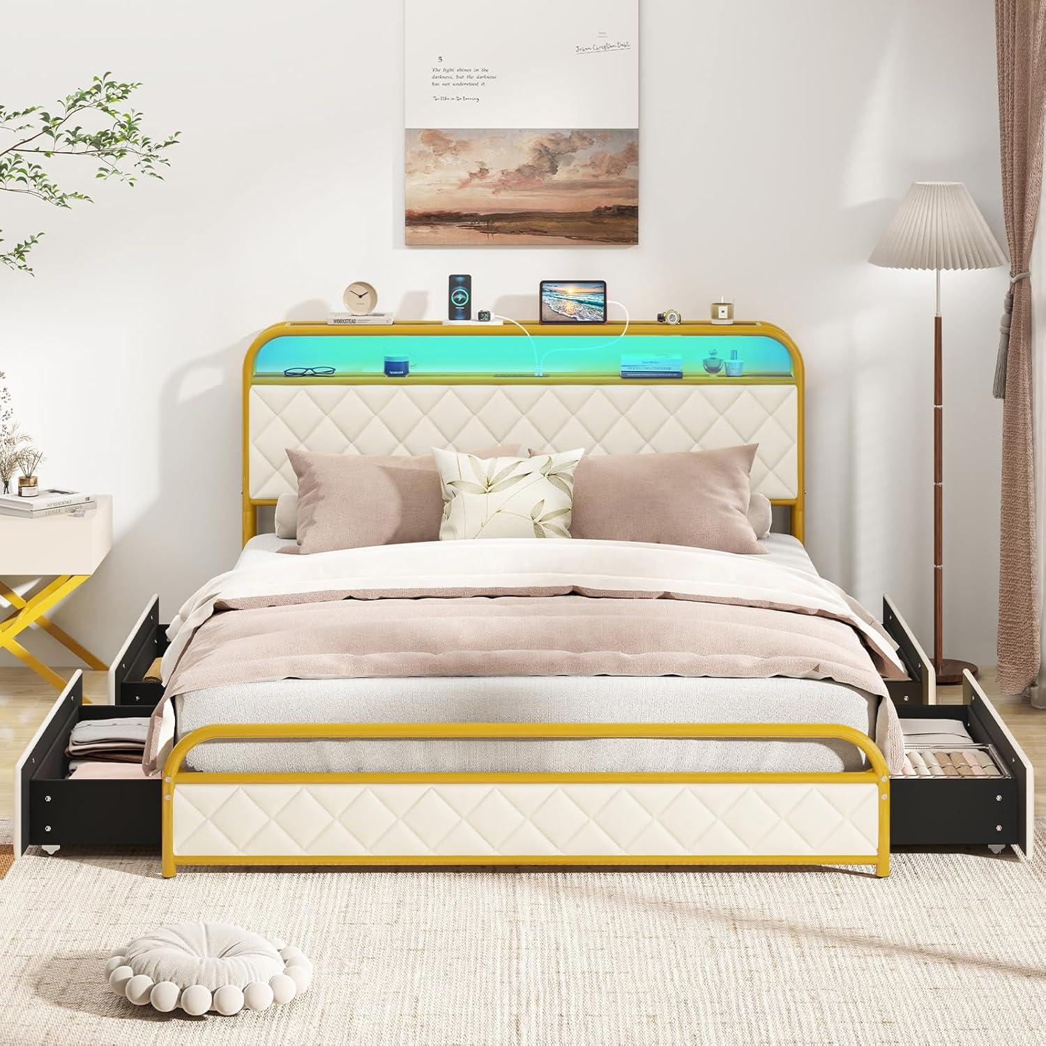image:imageGiantex Full Size Bed Frame with 4 Storage Drawers and Charging Station Metal Full Platform Bed wLED Lights amp Linen Upholstered Headboard No Box Spring Needed Full Storage Bed Gold amp BeigeGold Beige