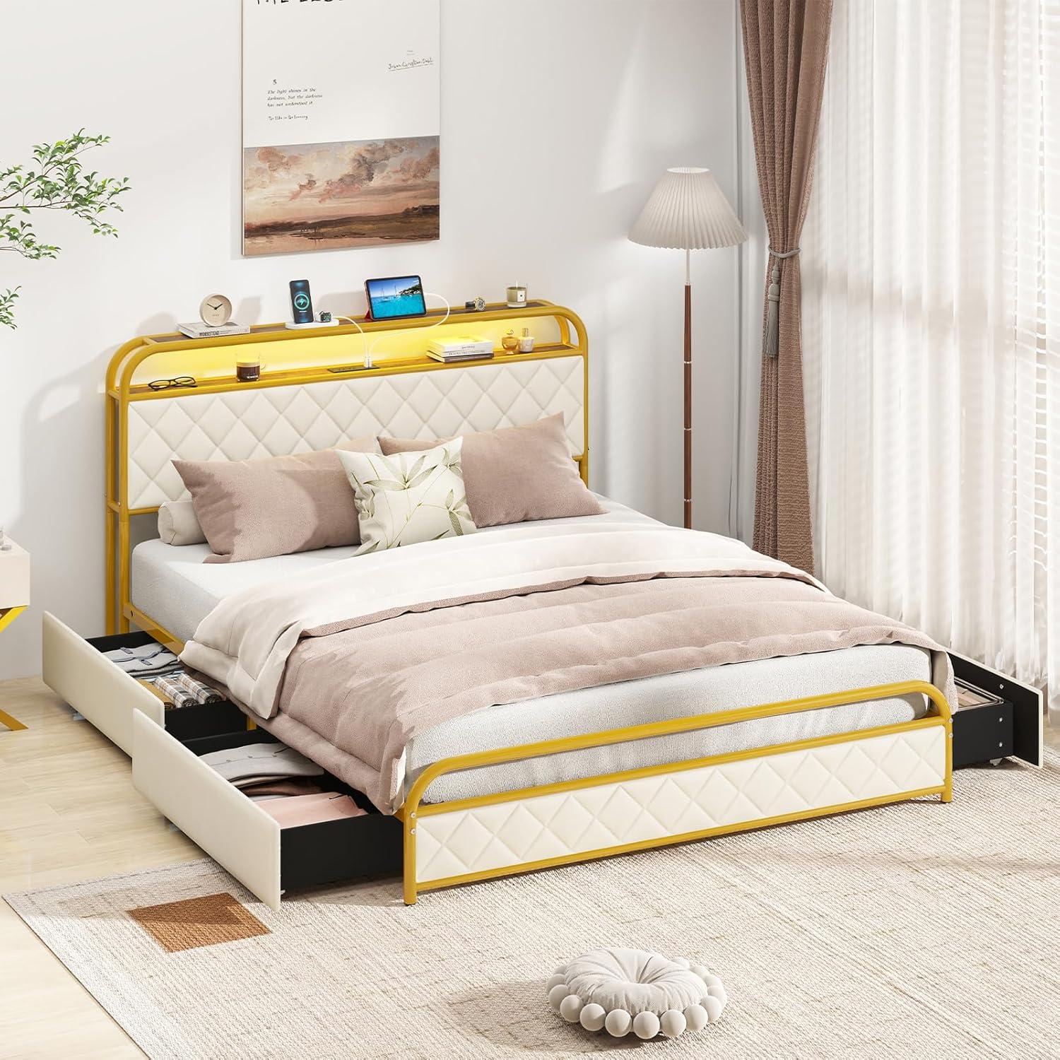 image:imageGiantex Full Size Bed Frame with 4 Storage Drawers and Charging Station Metal Full Platform Bed wLED Lights amp Linen Upholstered Headboard No Box Spring Needed Full Storage Bed Gold amp BeigeGold Beige