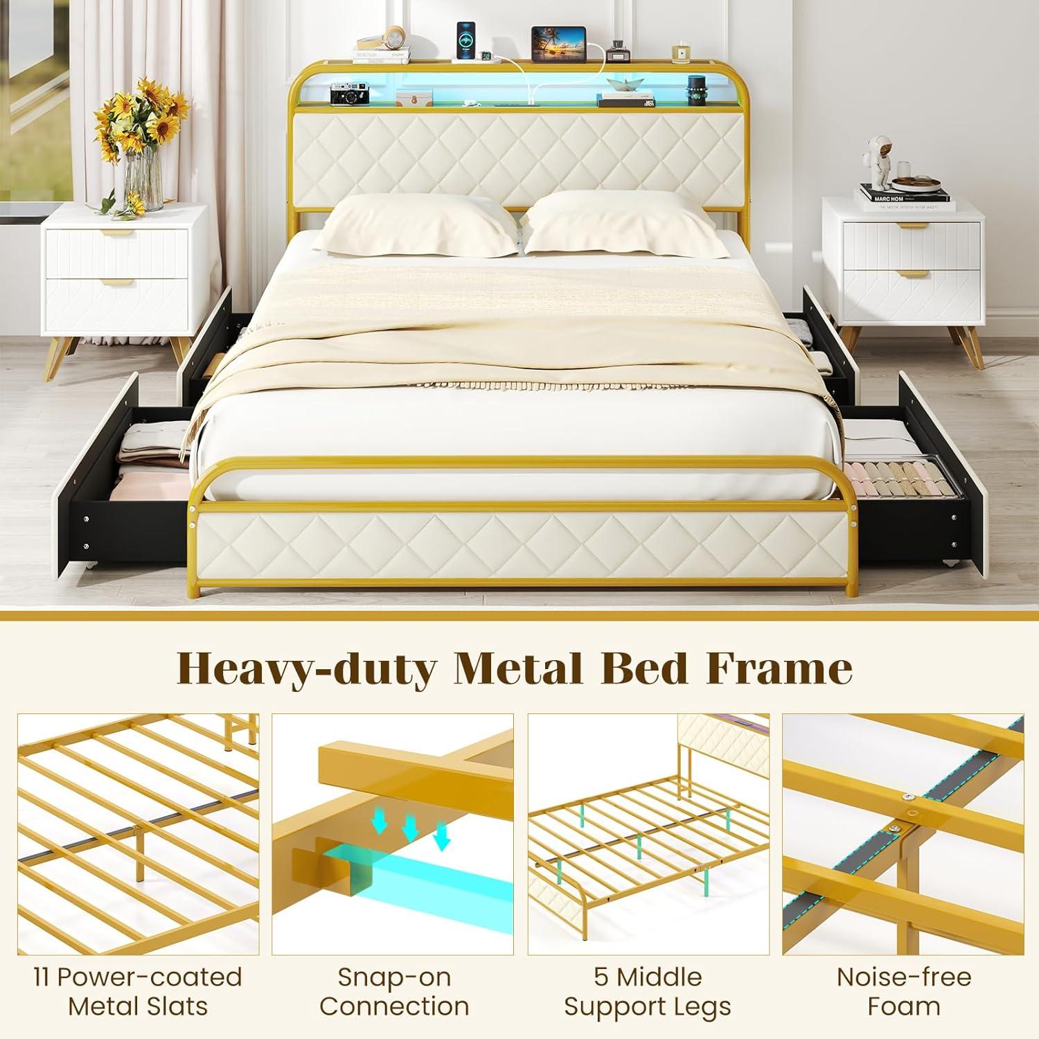 image:imageGiantex Full Size Bed Frame with 4 Storage Drawers and Charging Station Metal Full Platform Bed wLED Lights amp Linen Upholstered Headboard No Box Spring Needed Full Storage Bed Gold amp BeigeGold Beige