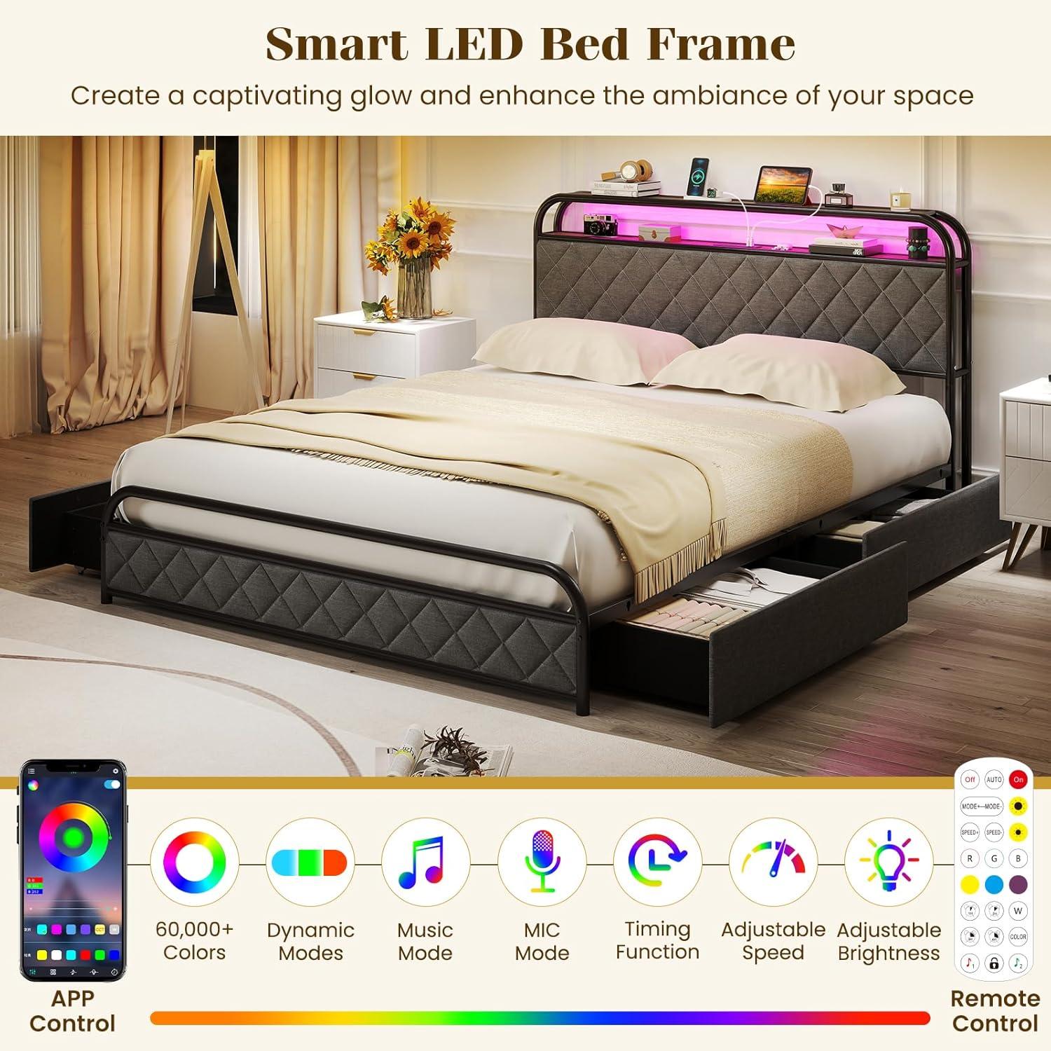image:imageGiantex Full Size Bed Frame with 4 Storage Drawers and Charging Station Metal Full Platform Bed wLED Lights amp Linen Upholstered Headboard No Box Spring Needed Full Storage Bed Gold amp BeigeBlack Grey