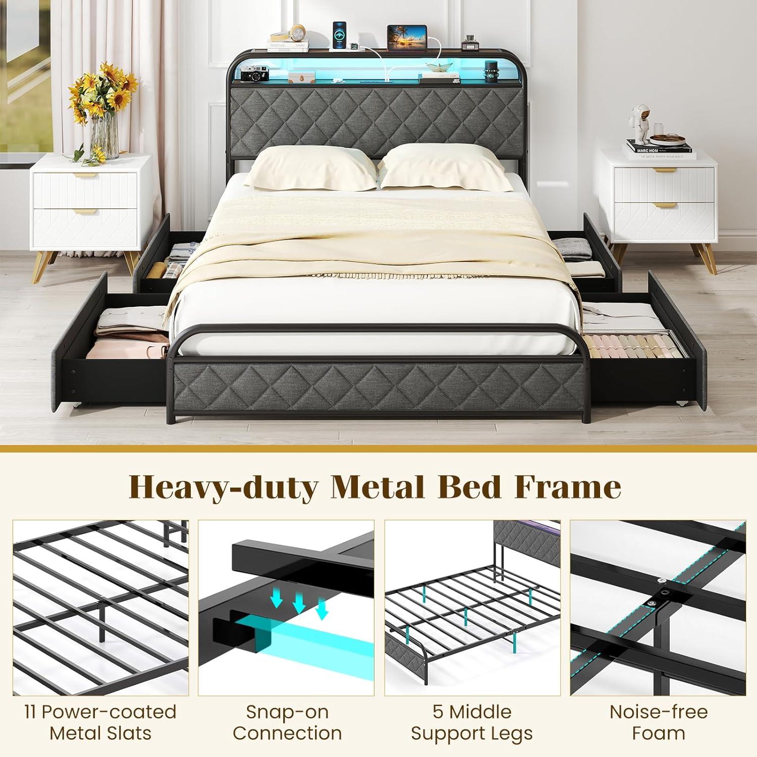 image:imageGiantex Full Size Bed Frame with 4 Storage Drawers and Charging Station Metal Full Platform Bed wLED Lights amp Linen Upholstered Headboard No Box Spring Needed Full Storage Bed Gold amp BeigeBlack Grey
