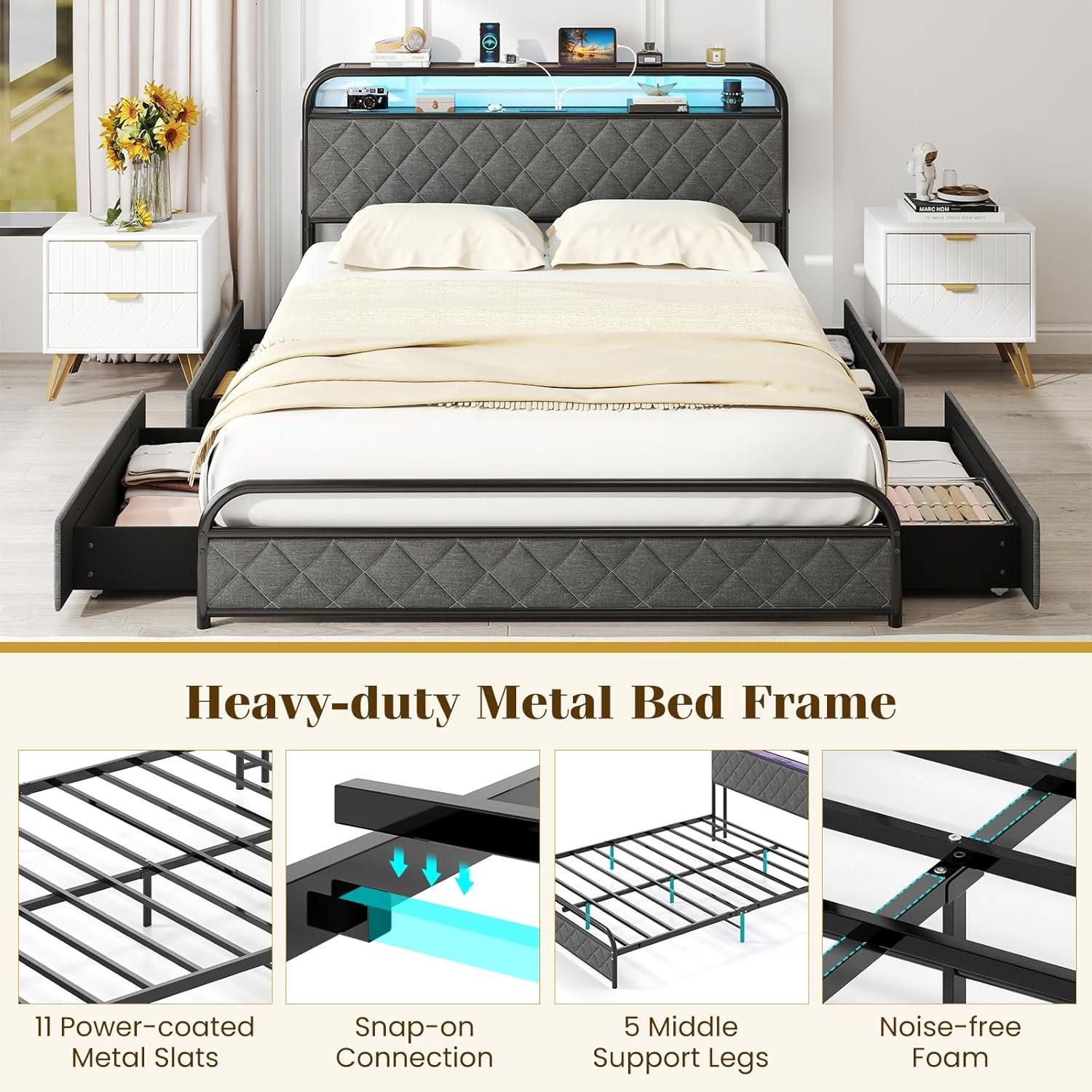 image:imageGiantex Full Size Bed Frame with 4 Storage Drawers and Charging Station Metal Full Platform Bed wLED Lights amp Linen Upholstered Headboard No Box Spring Needed Full Storage Bed Gold amp BeigeBlack Grey