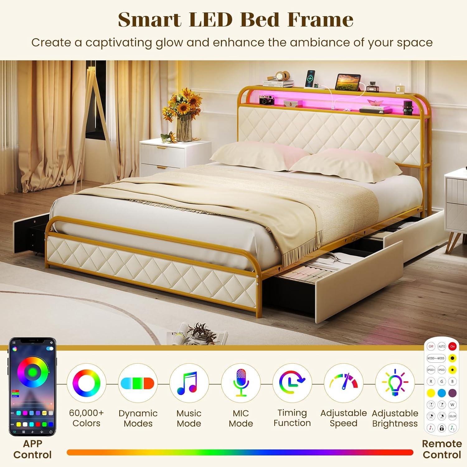 image:imageGiantex Full Size Bed Frame with 4 Storage Drawers and Charging Station Metal Full Platform Bed wLED Lights amp Linen Upholstered Headboard No Box Spring Needed Full Storage Bed Gold amp BeigeGold Beige