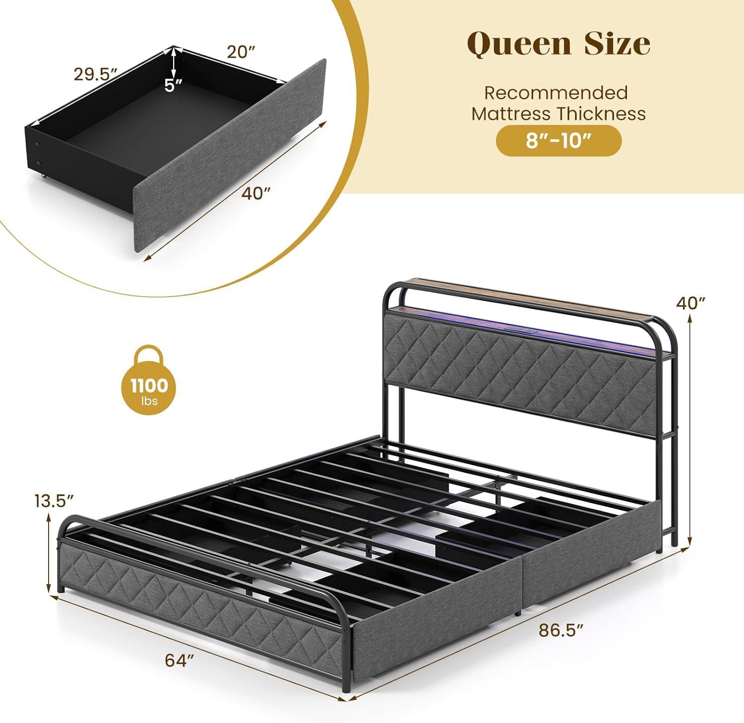 image:imageGiantex Full Size Bed Frame with 4 Storage Drawers and Charging Station Metal Full Platform Bed wLED Lights amp Linen Upholstered Headboard No Box Spring Needed Full Storage Bed Gold amp BeigeBlack Grey