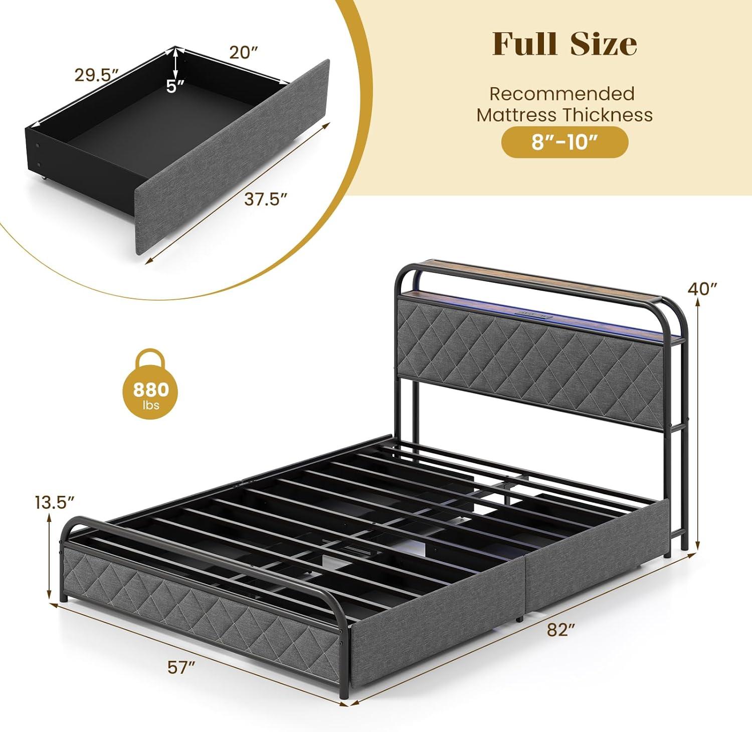 image:imageGiantex Full Size Bed Frame with 4 Storage Drawers and Charging Station Metal Full Platform Bed wLED Lights amp Linen Upholstered Headboard No Box Spring Needed Full Storage Bed Gold amp BeigeBlack Grey