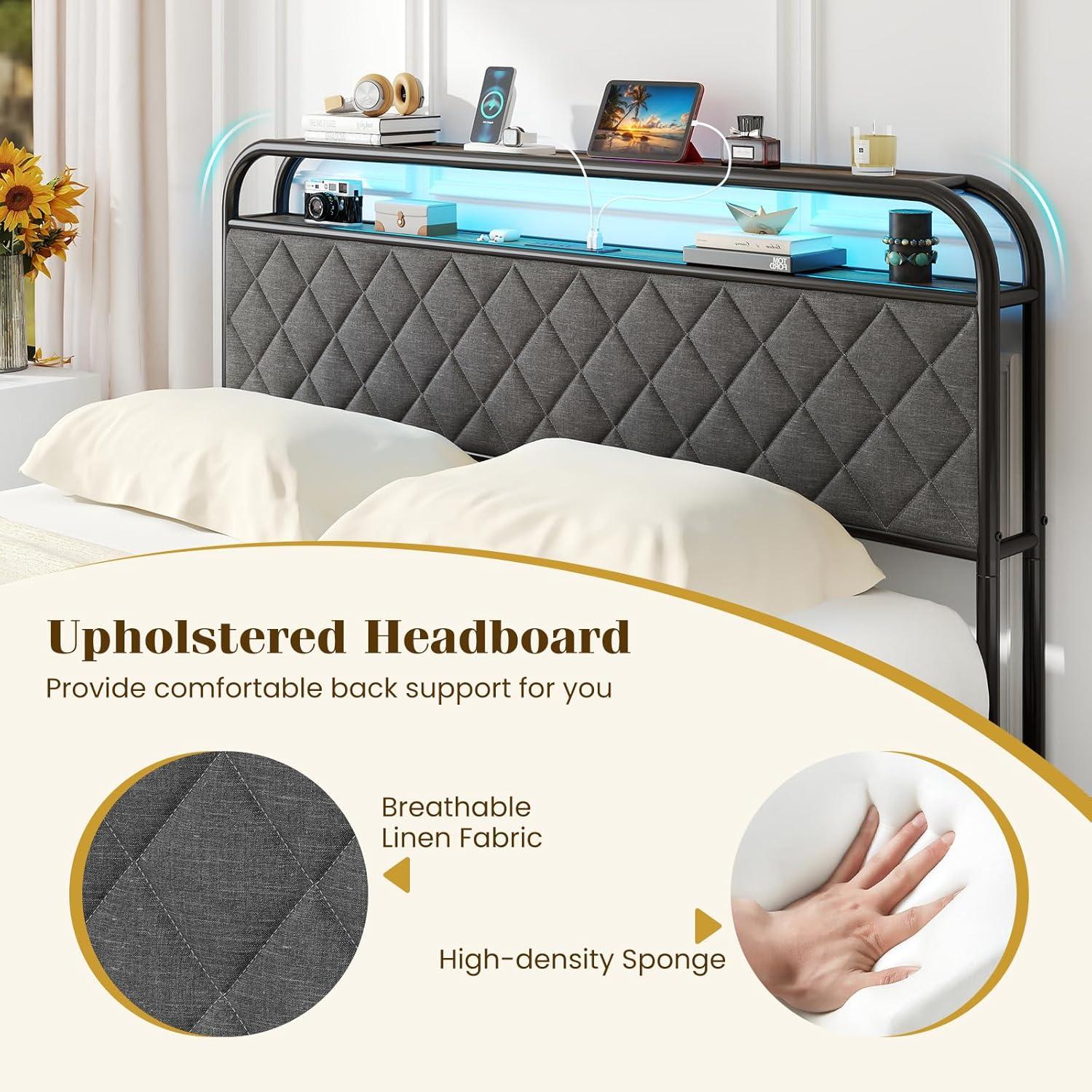 image:imageGiantex Full Size Bed Frame with 4 Storage Drawers and Charging Station Metal Full Platform Bed wLED Lights amp Linen Upholstered Headboard No Box Spring Needed Full Storage Bed Gold amp BeigeBlack Grey