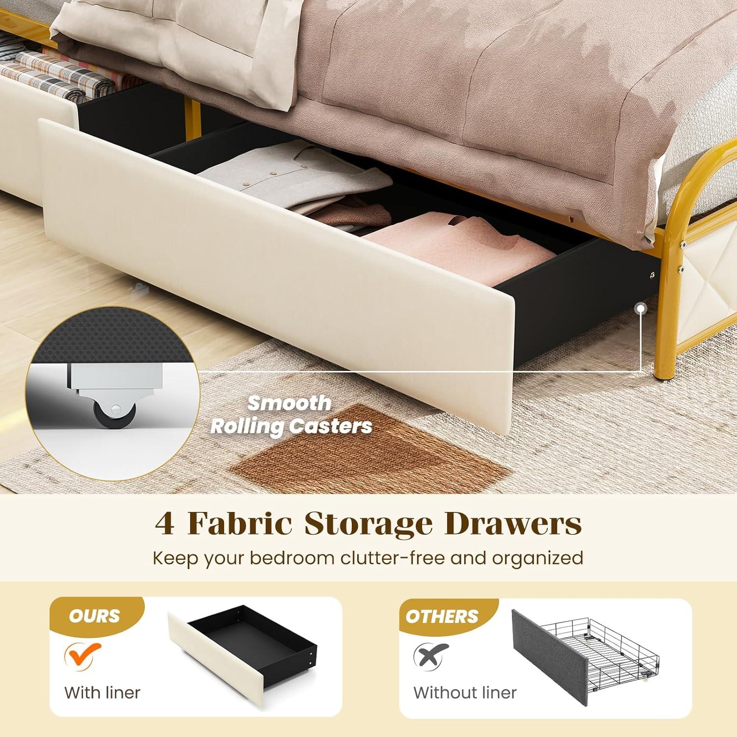 image:imageGiantex Full Size Bed Frame with 4 Storage Drawers and Charging Station Metal Full Platform Bed wLED Lights amp Linen Upholstered Headboard No Box Spring Needed Full Storage Bed Gold amp BeigeGold Beige