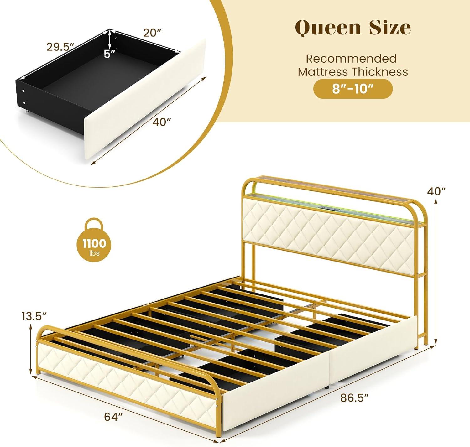 image:imageGiantex Full Size Bed Frame with 4 Storage Drawers and Charging Station Metal Full Platform Bed wLED Lights amp Linen Upholstered Headboard No Box Spring Needed Full Storage Bed Gold amp BeigeGold Beige